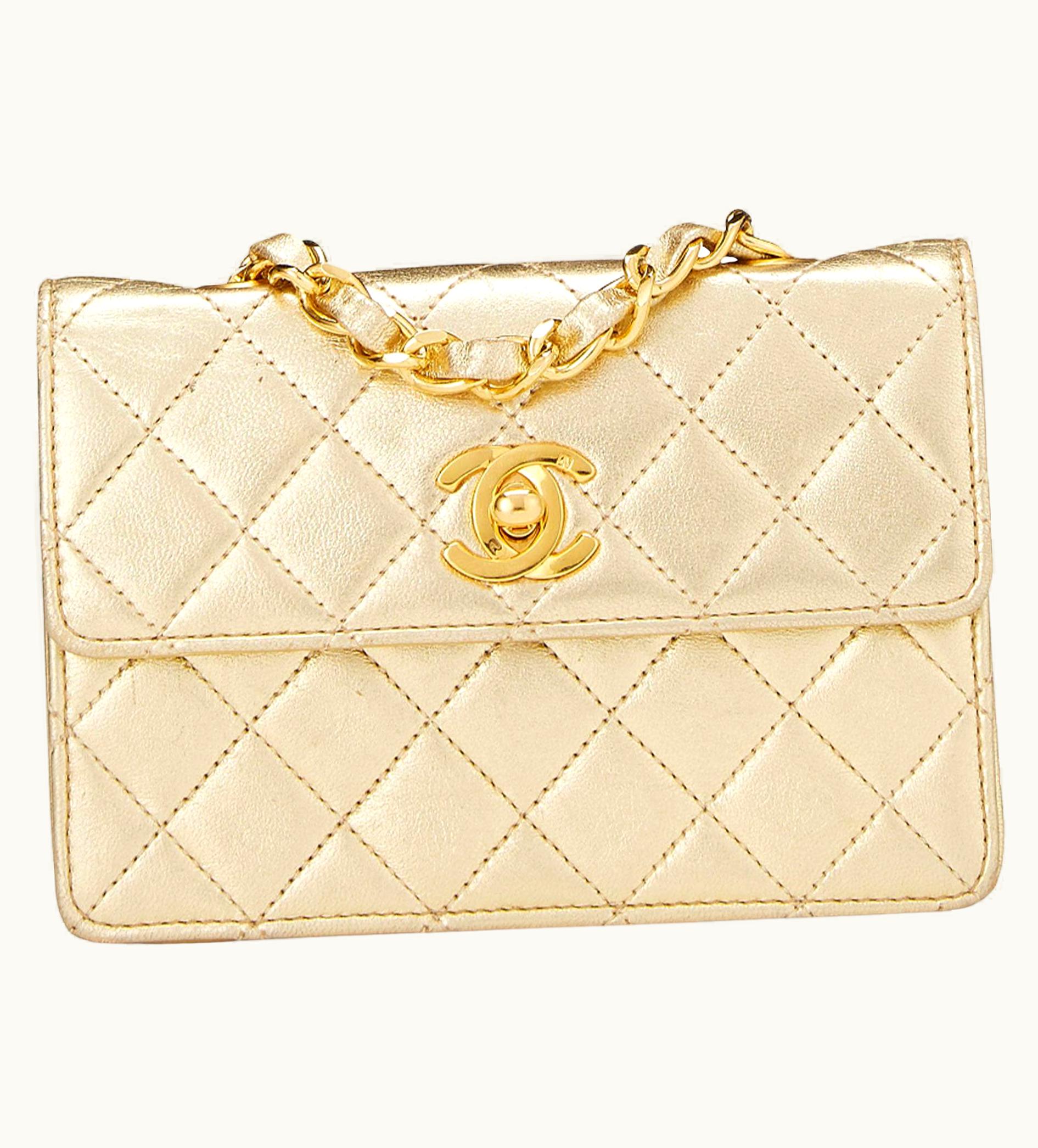 Chanel Chanel Vintage 80' Micro Mini Metallic Gold Quilted Lambskin Flap Bag