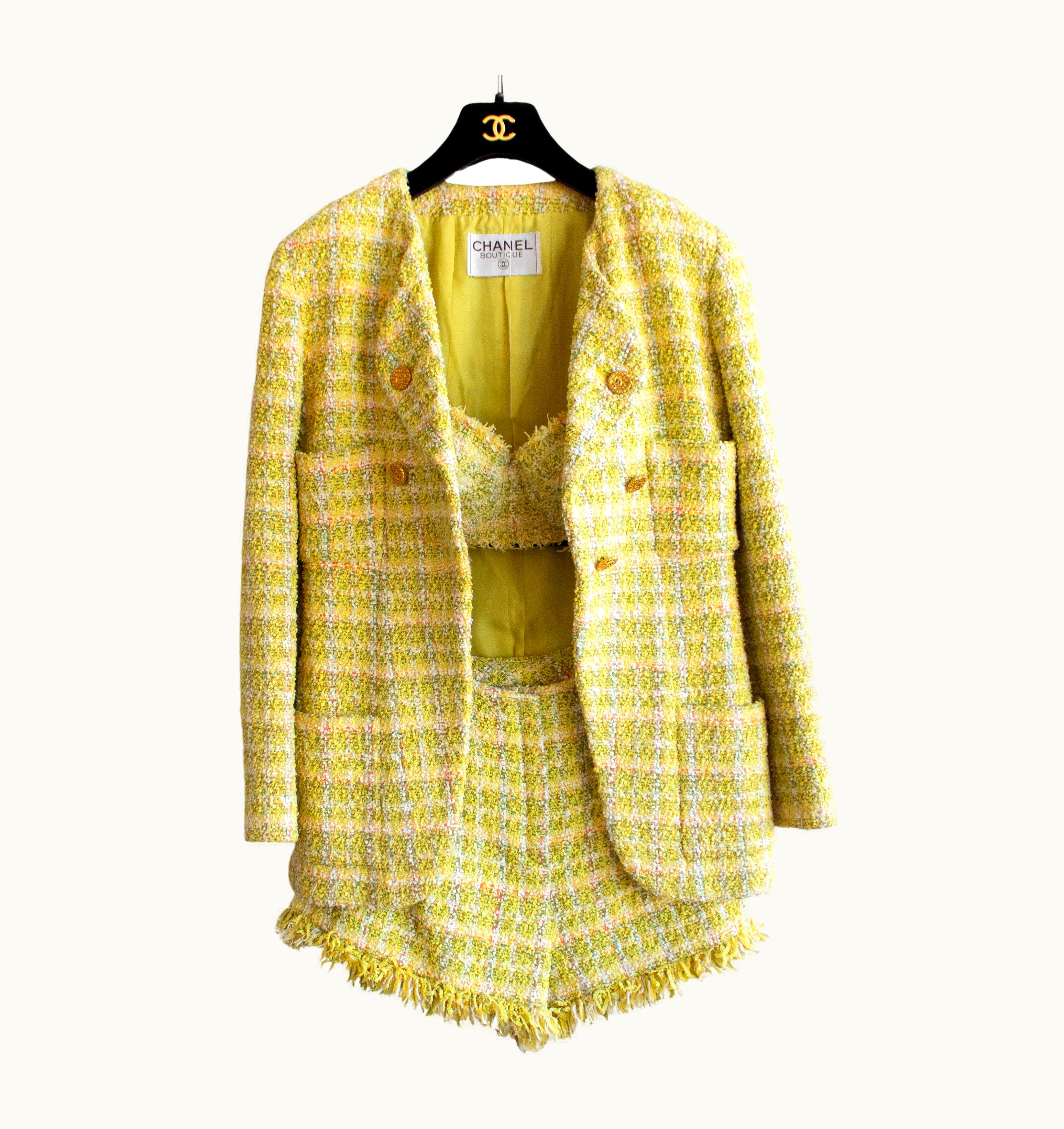 Chanel Iconic Chanel Vintage Spring 1994 Yellow Tweed Bra Shorts Jacket 94p Suit