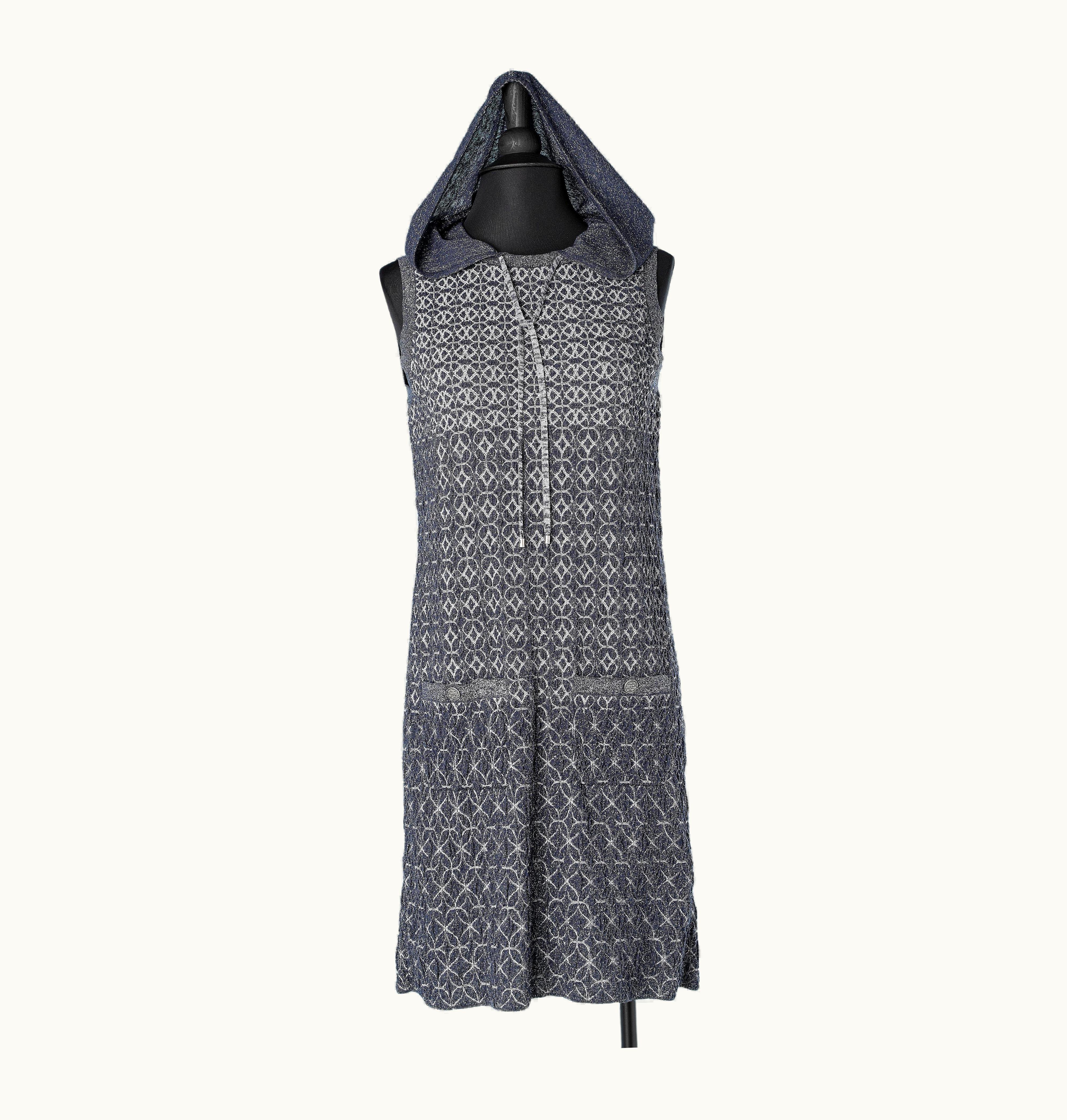Chanel Blue And Silver Lurex Jacquard Knit Dress With Hood Chanel