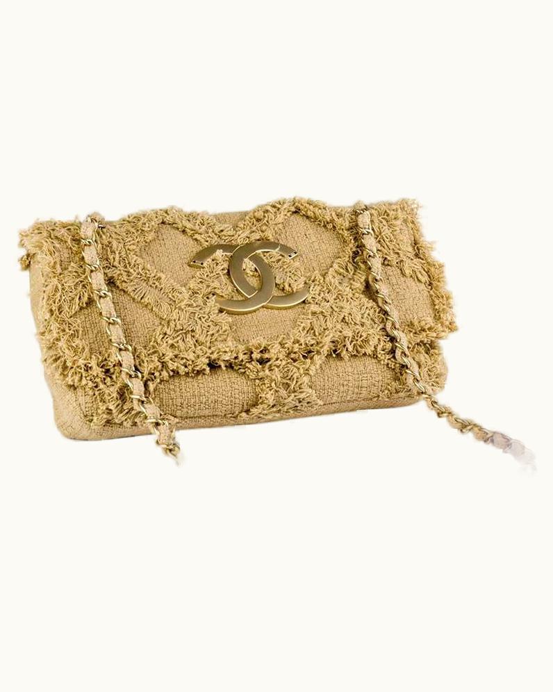 Chanel Chanel d Beige Tweed Fringe Organic Crochet Crossbody Flap Bag