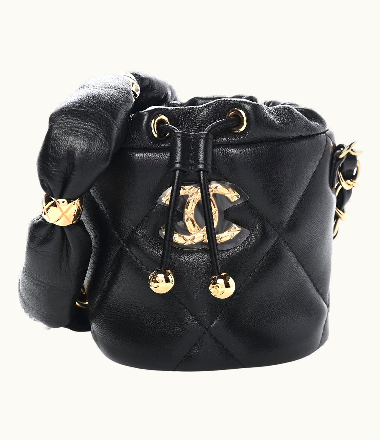 Chanel Chanel Black Calfskin Quilted Pillow Leather Gold Mini Bucket Shoulder Bag