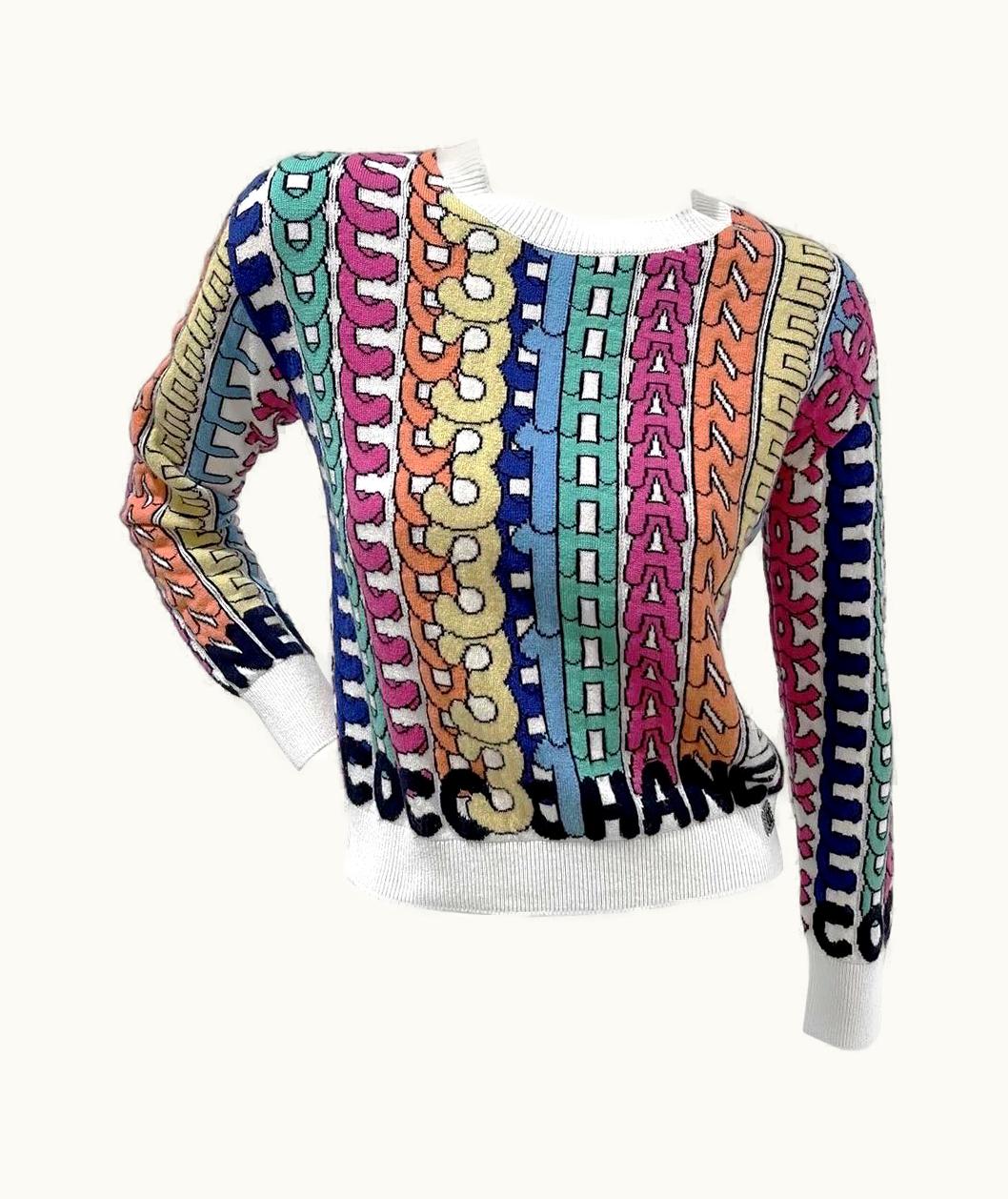 Chanel Chanel White Multicolor Cashmere Logo Print Intarsia Sweater F2021 2021