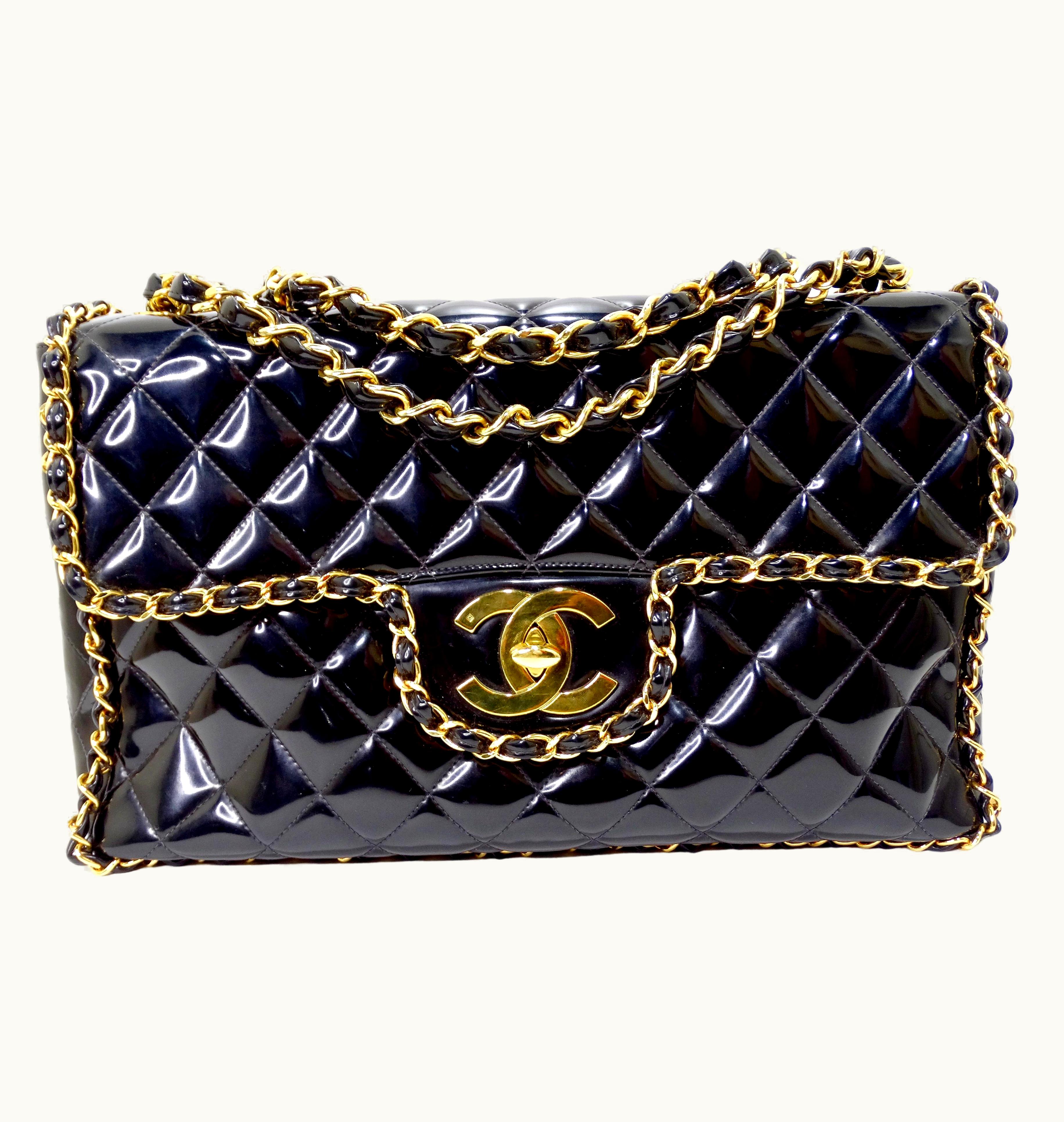 Chanel Chanel Rare Black Quilted Patent Leather Chain Around Maxi