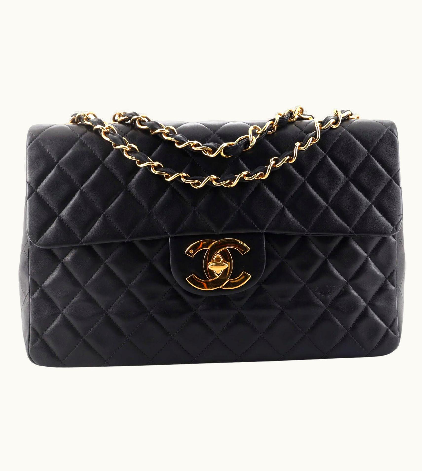 Chanel Chanel Vintage Classic Single Flap Bag Quilted Lambskin Maxi Leather Black Gold