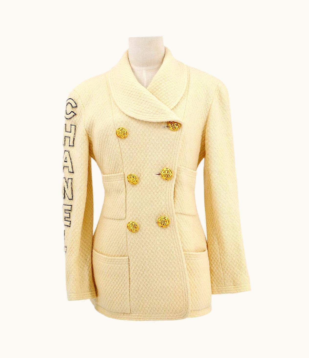 Chanel Chanel Ivory Tweed Black 'chanel' Logo Blazer Jacket