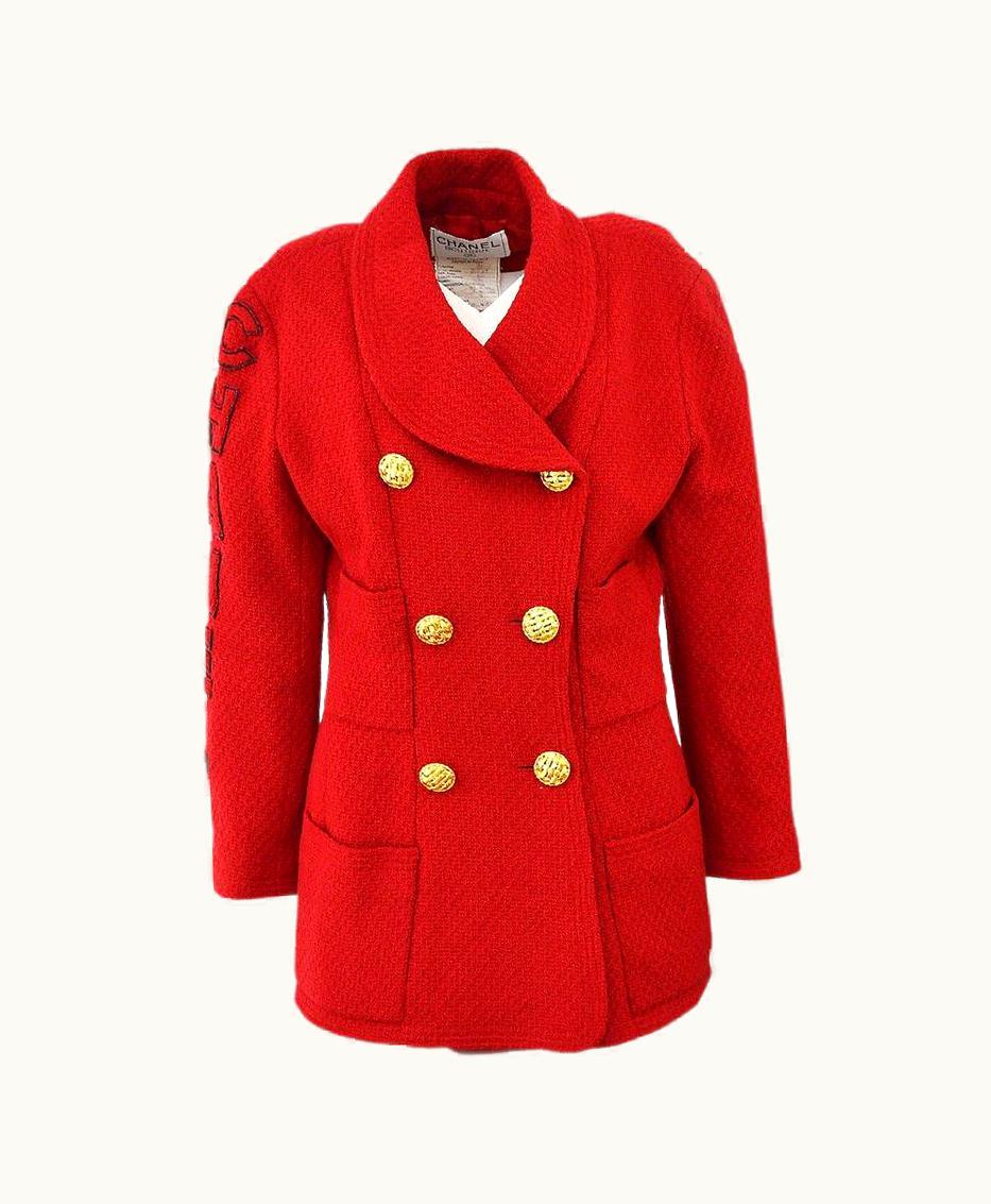 Chanel Chanel Red Tweed 'chanel' Black Logo Blazer Jacket