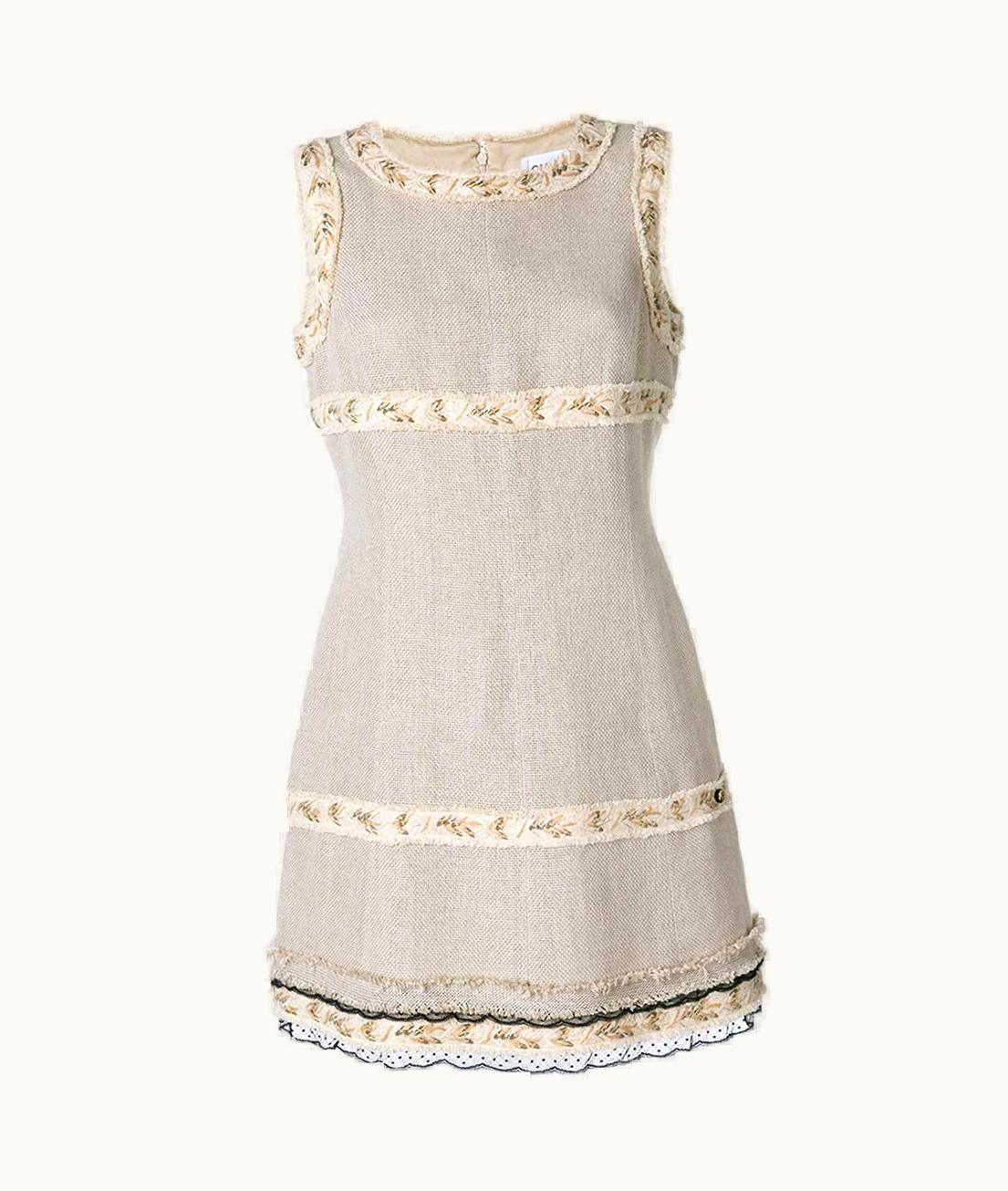 Chanel Vintage Chanel Embellished Lace Trim Linen Dress