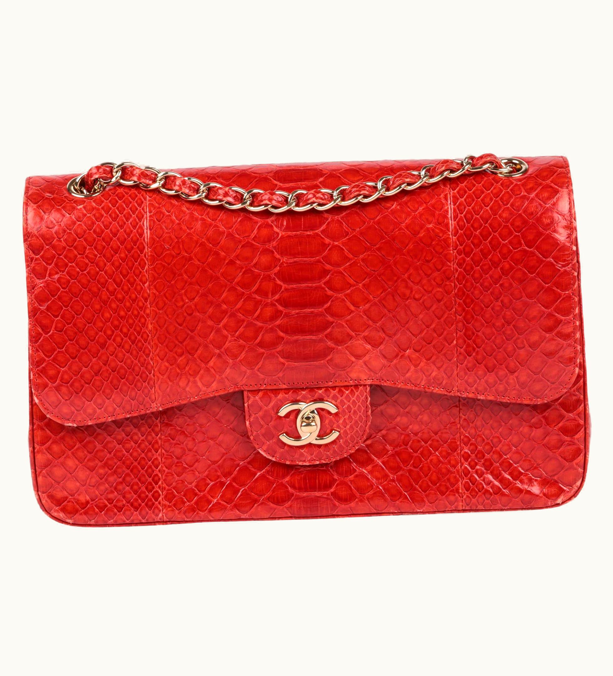 Chanel Chanel Red Python Leather Jumbo Classic Double Flap Bag