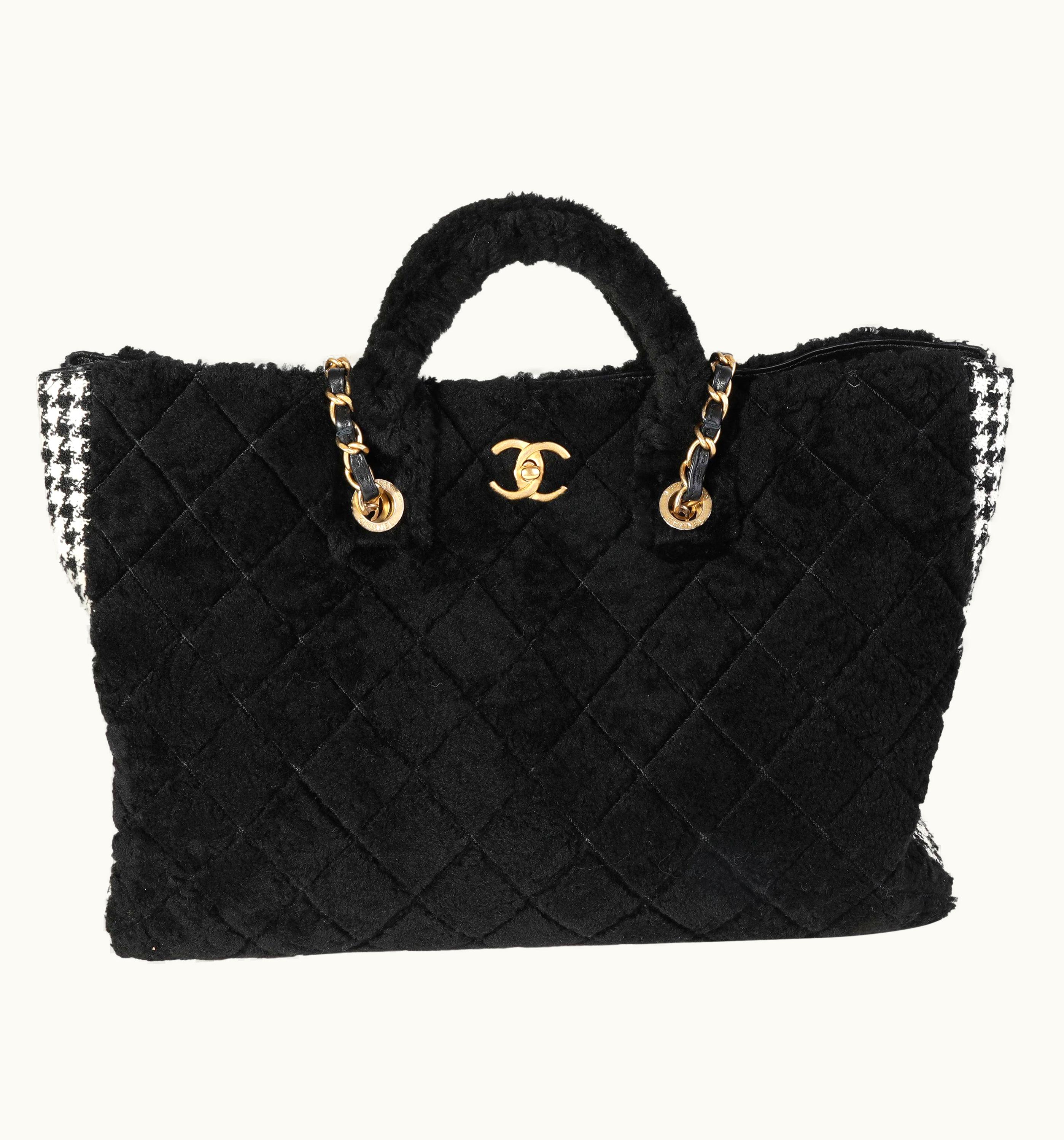 Chanel Chanel Black Shearling & Houndstooth Boucle Shopper Tote