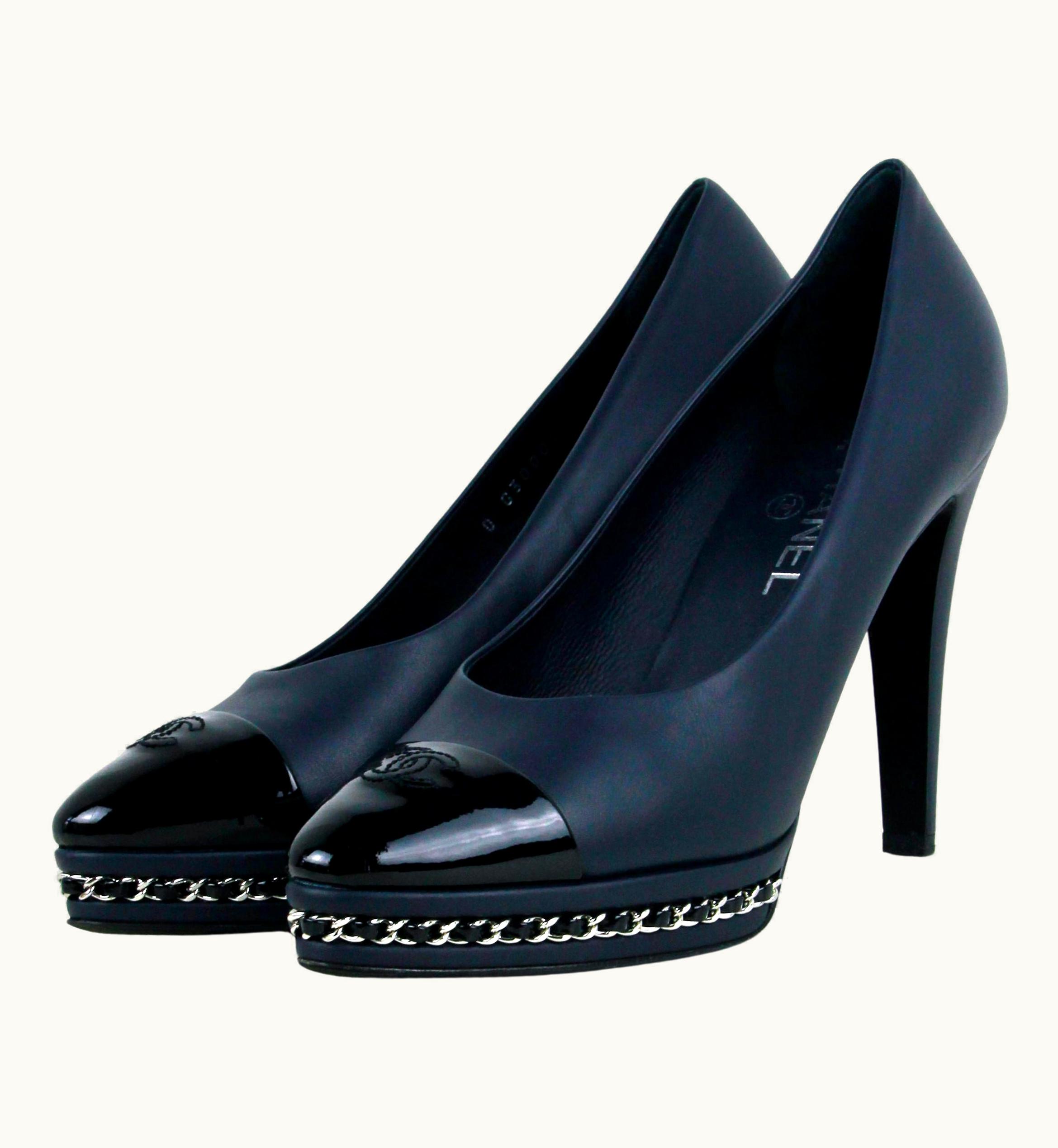 Chanel Chanel Calfskin Navy Patent Cc Cap Toe Platform Chain Pumps