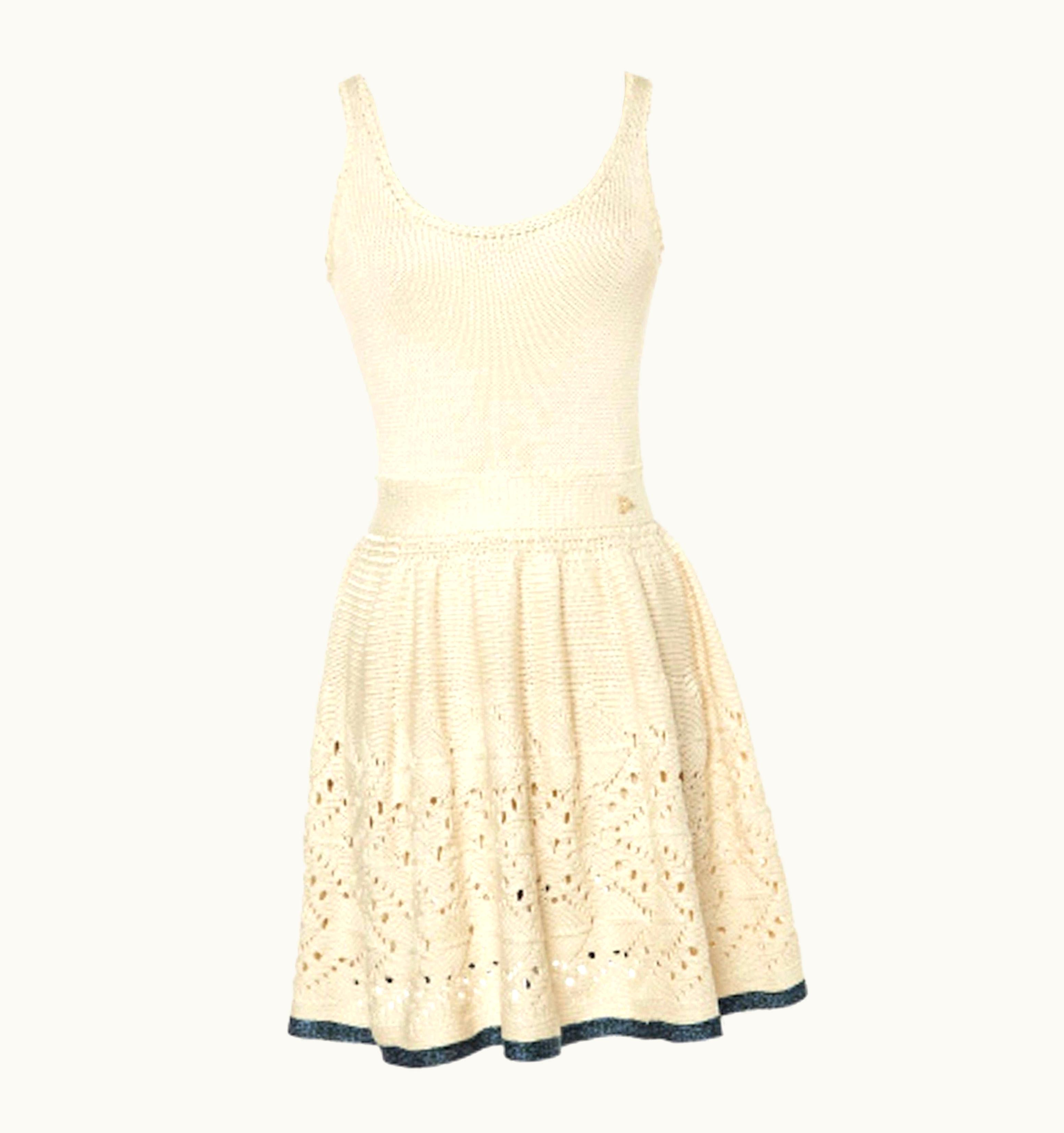 Chanel Ivory Chanel Crochet Knit Dress With Seafoam Trimming