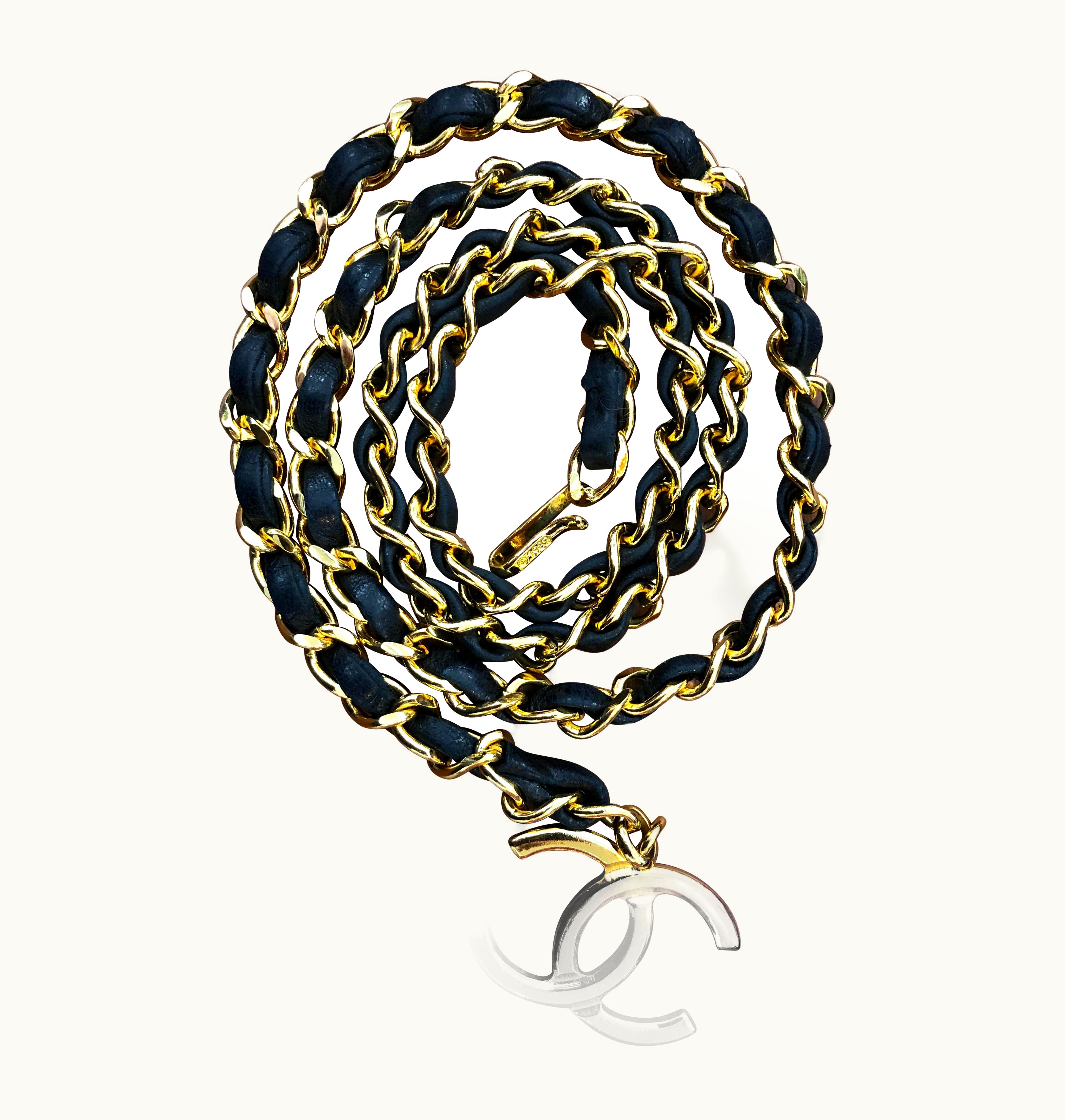 Chanel 1980s Vintage Chanel Black Leather Gold Toned Chain Belt