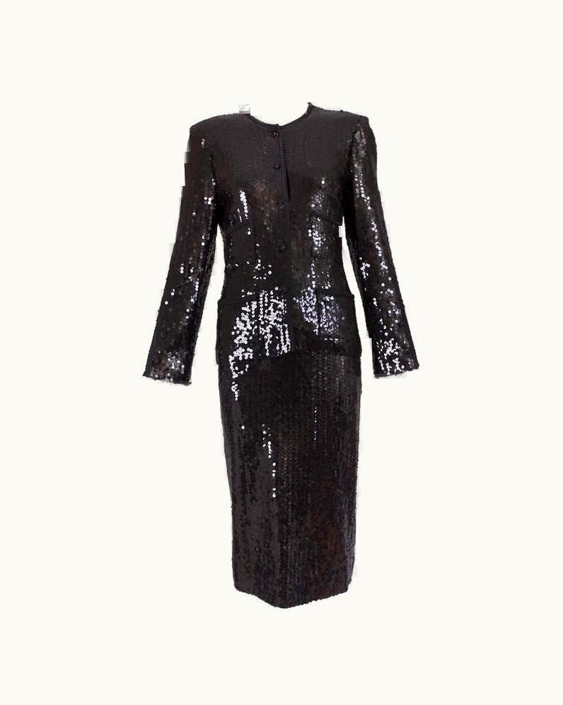 Chanel 1982/83 Chanel Black Sequin Jacket & Skirt Suit Evening Ensemble