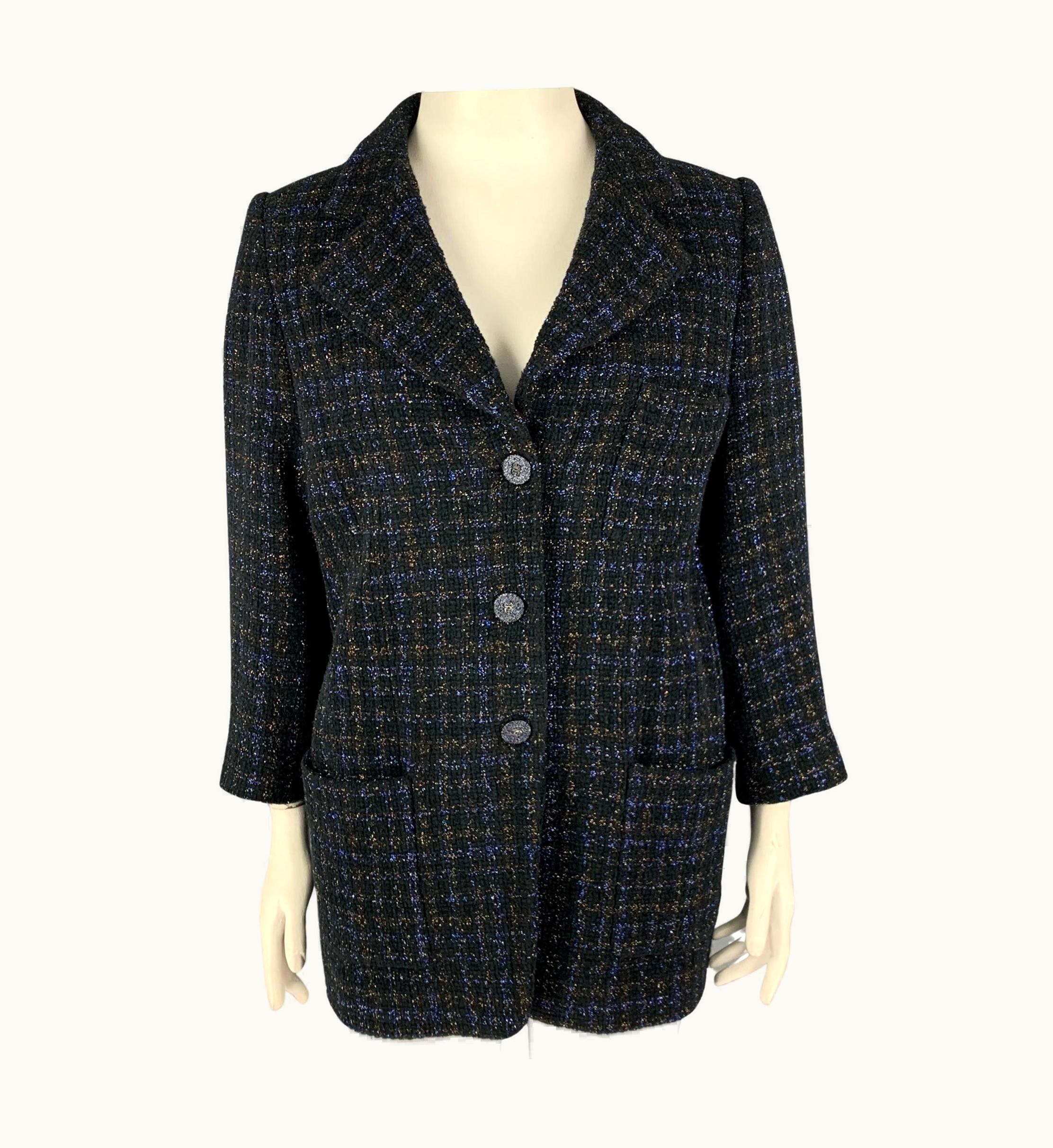 Chanel Chanel Navy Gold Cotton Blend Metallic Single Breasted Coat