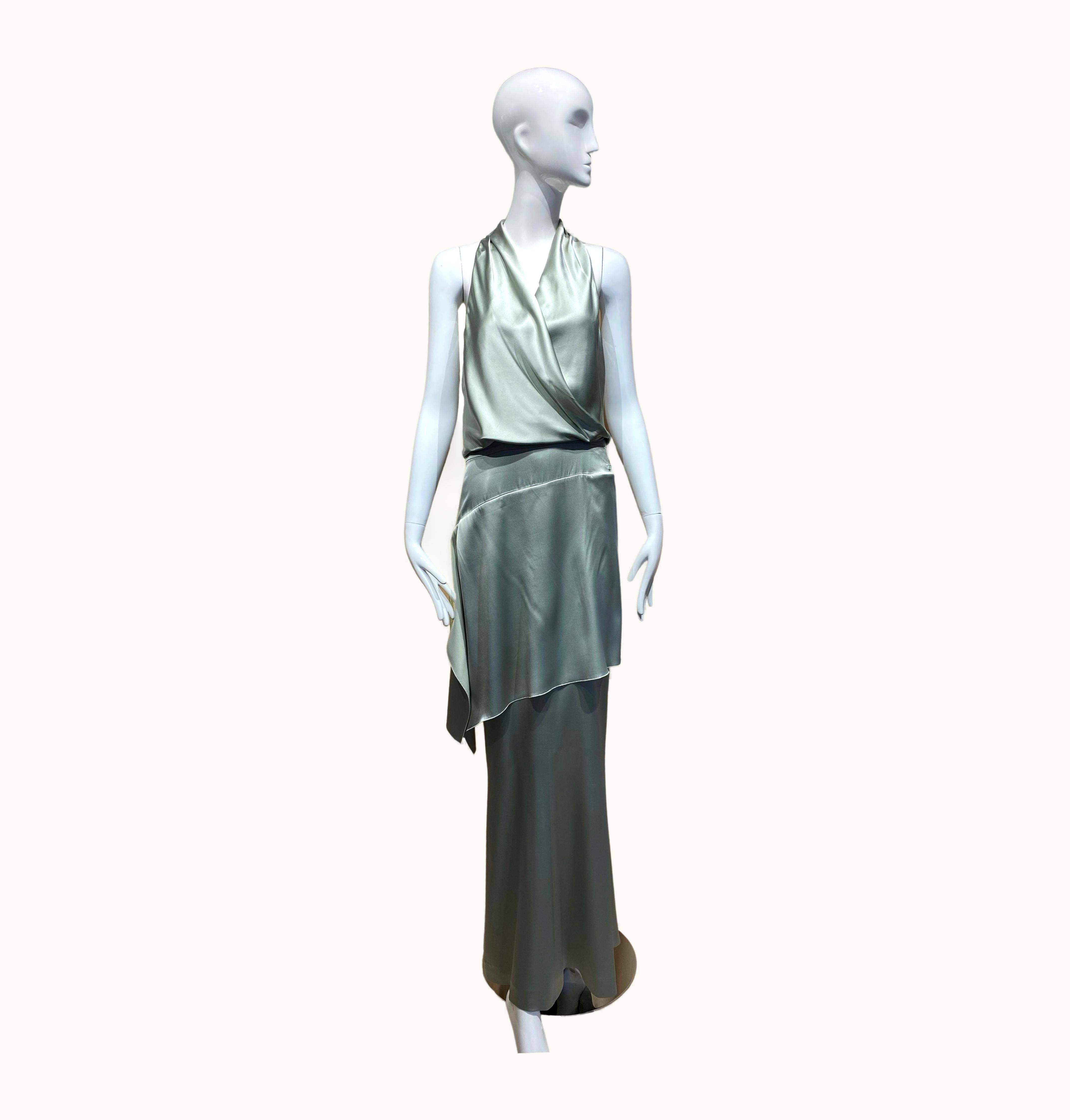 Chanel Vintage Chanel Silk Charmuese Light Green Halter Dress