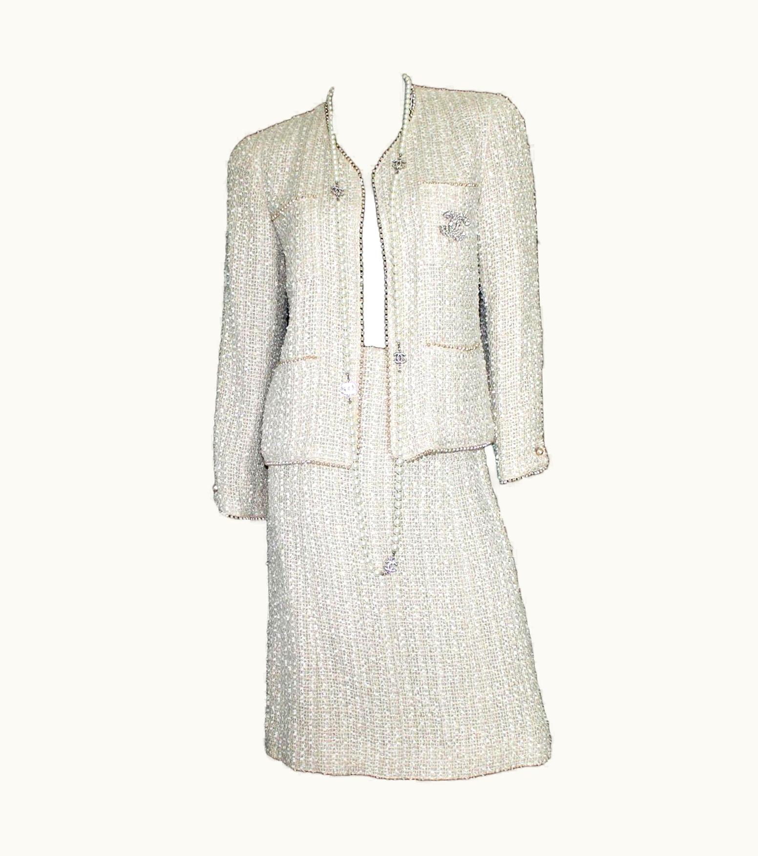 Chanel Chanel Rare Ivory Fantasy Tweed Skirt Suit With Pearl Trimming Details
