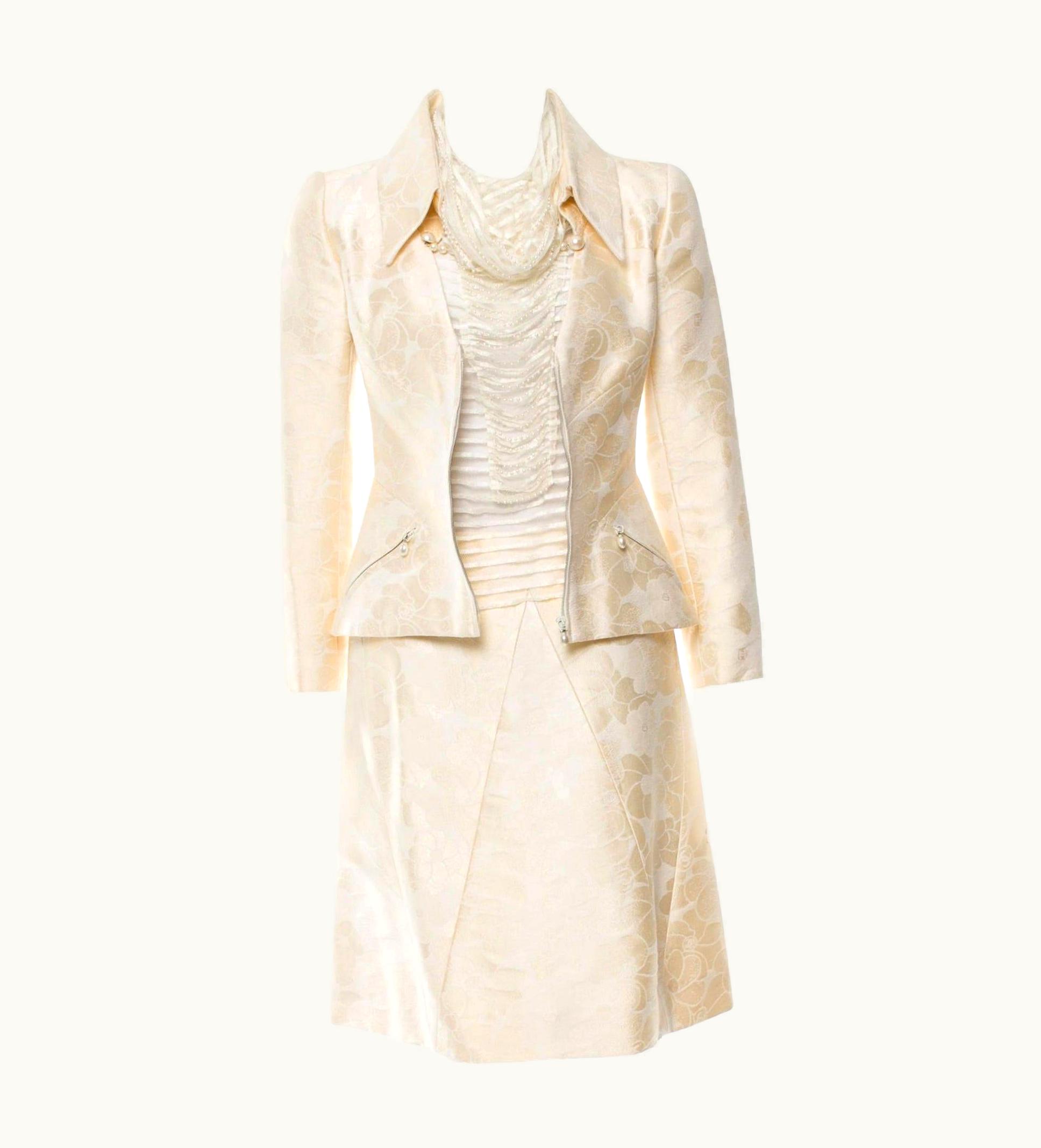 Chanel Unworn Chanel Ivory Camellia Jacquard Pearl Suit Ensemble 34 Wedding Engagement