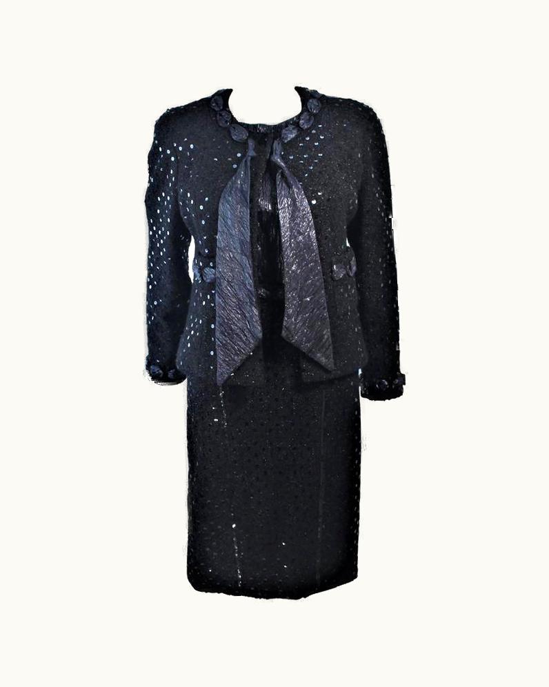 Chanel Chanel Black Metallic Lame Skirt Suit Hiver 1983 1984