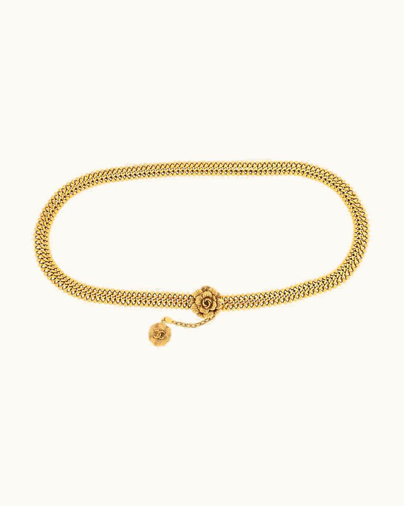 Chanel 1983 Chanel Gold Tone Metal Chain Belt w/Flower Buckle & Hanging Flower Charm