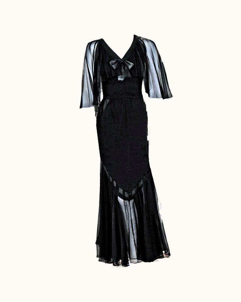 Chanel 1983 Chanel Black Silk-Chiffon Deco Flutter-Sleeve Illusion Evening Gown