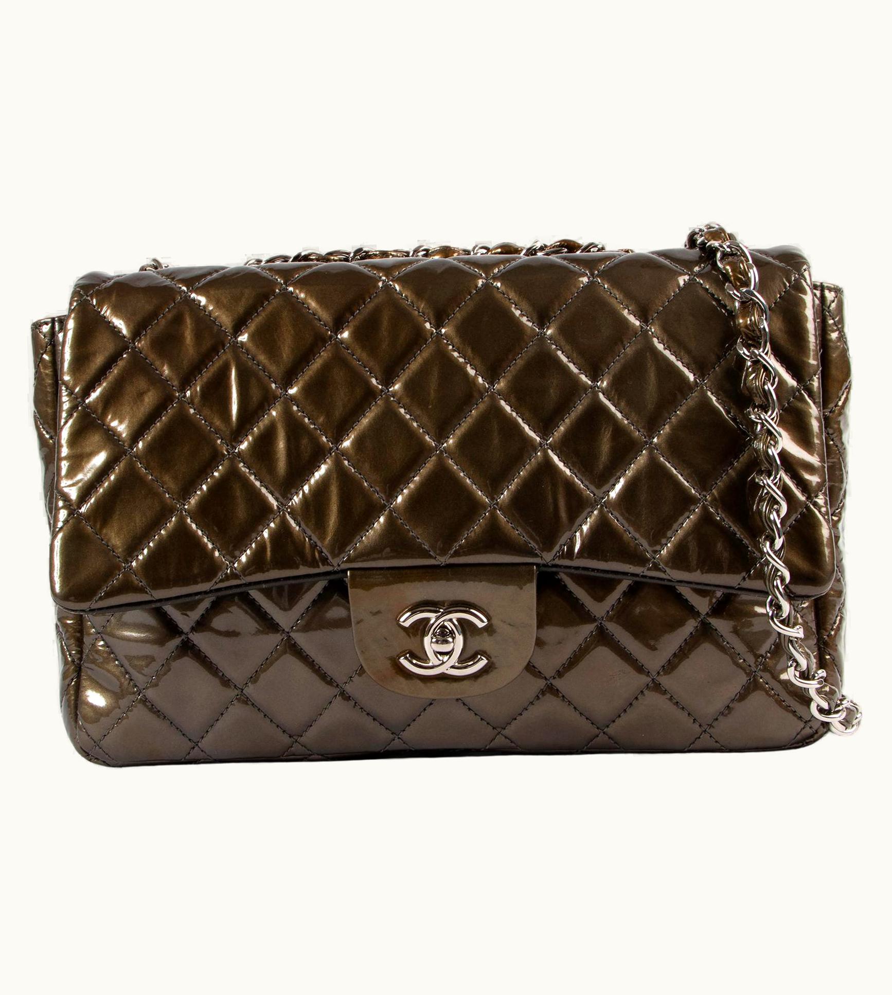 Chanel Chanel Olive Green Jumbo Classic Flap Patent Leather Handbag