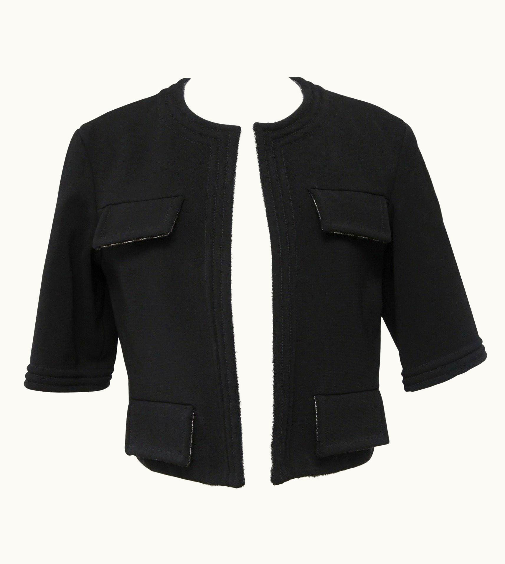 Chanel Chanel Black Jacket Blazer Cropped Collarless Metallic Open Front 38 Fall 2012