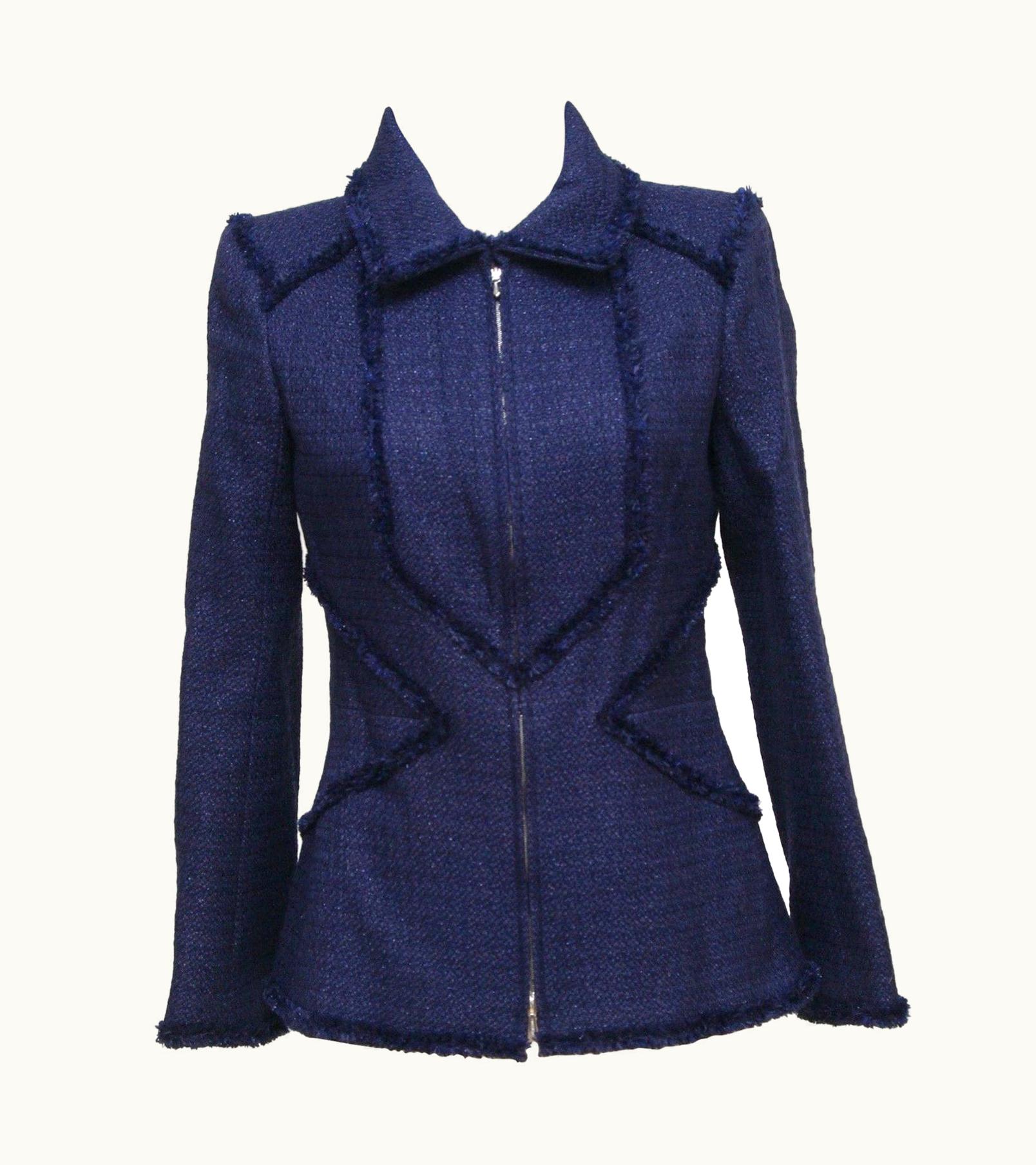 Chanel Chanel Jacket Blazer Coat Tweed Navy Blue Iridescent Gunmetal Buttons 10p
