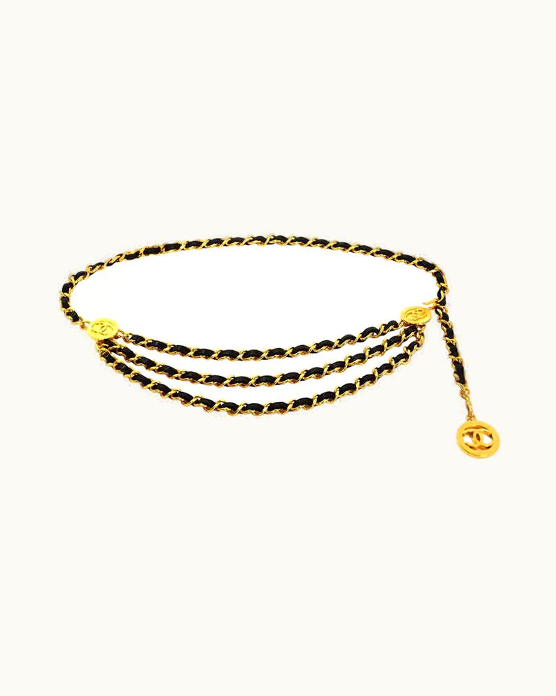 Chanel Chanel Vintage 1984 Black Leather Laced Goldtone 3 Strand Chain Belt W. CCs