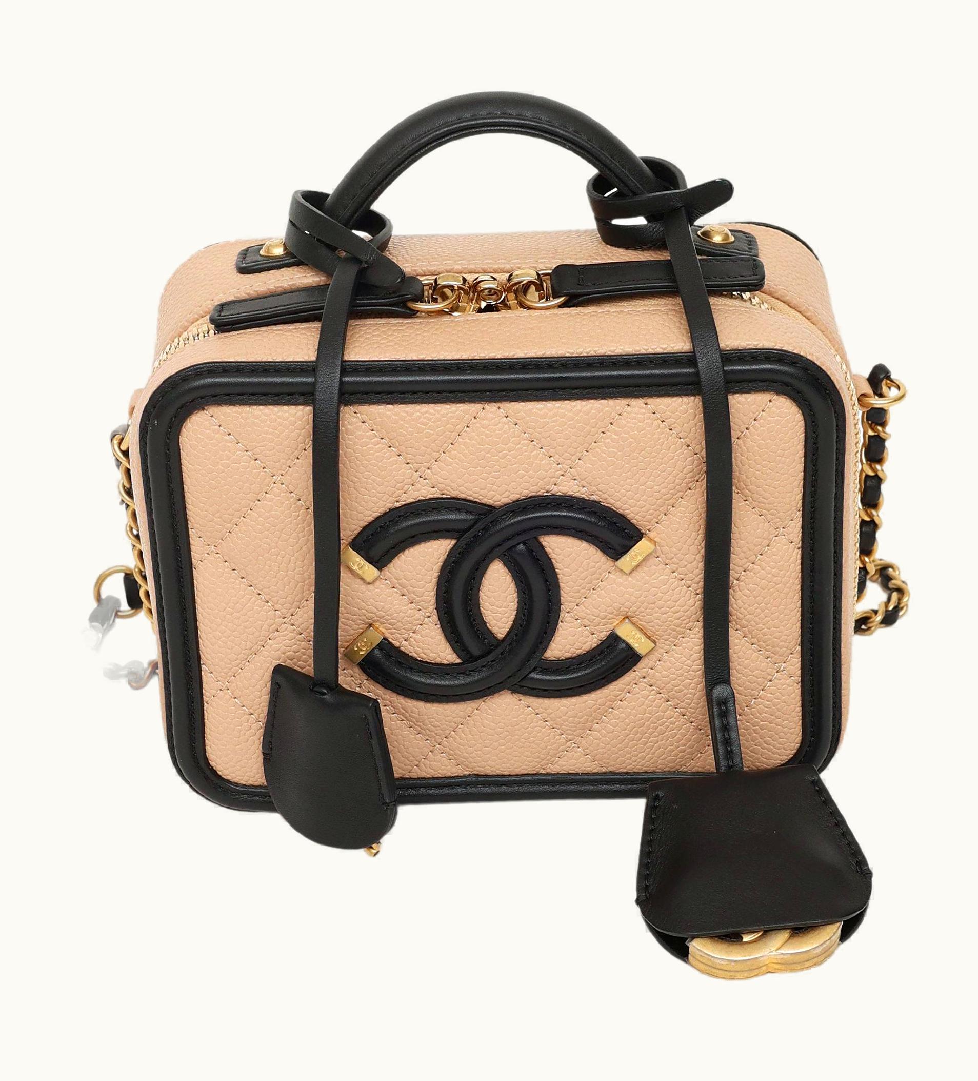 Chanel Chanel 2018 Tan & Black Caviar Filigree Vanity Case Small Bag