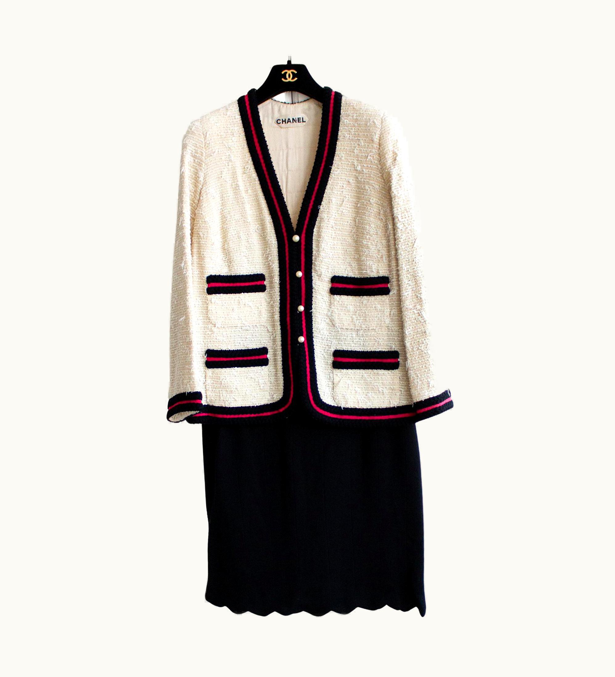 Chanel Chanel Vintage Haute Couture S/S White Ecru Black Raspberry Tweed Jacket Suit