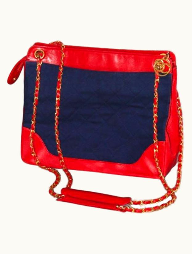 Chanel Chanel Rare Red Navy Denim Canvas Chain Tote Bag