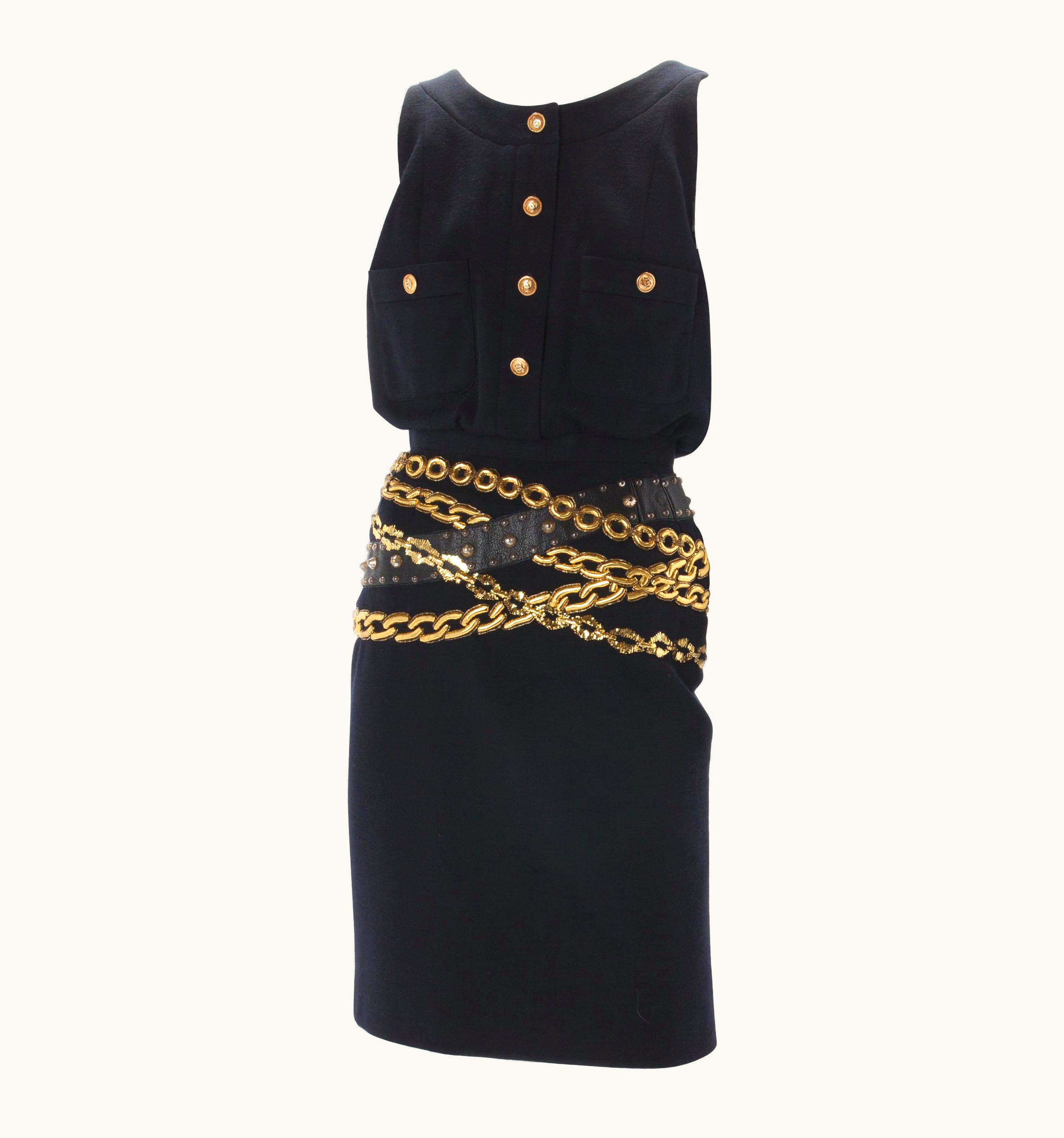 Chanel Chanel Black Wool Dress With Gold Chain Trompe 'oeil