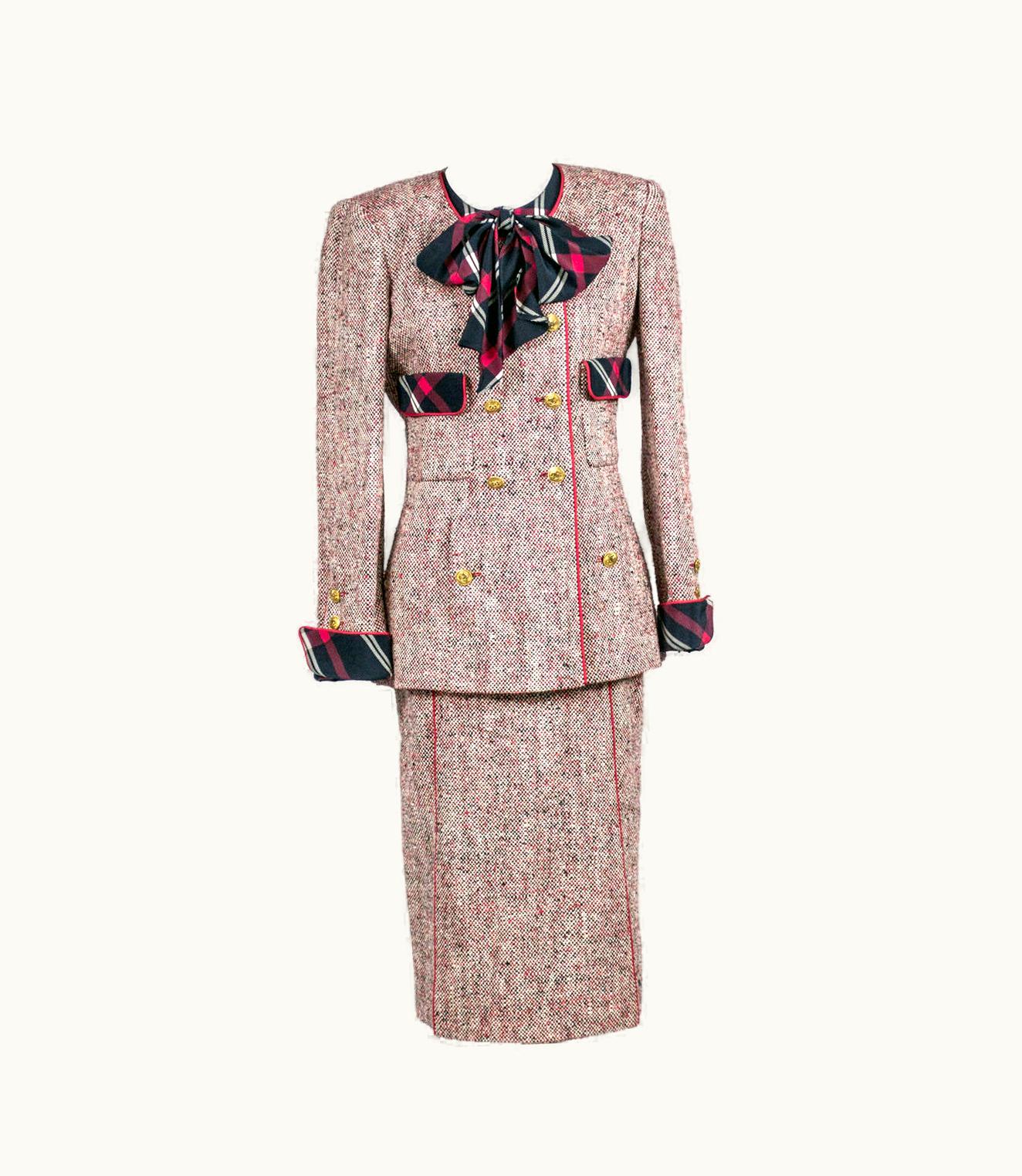 Chanel 1985 Chanel Runway Tweed With Skirt Blazer & Silk Blouse Red White & Blue Plaid