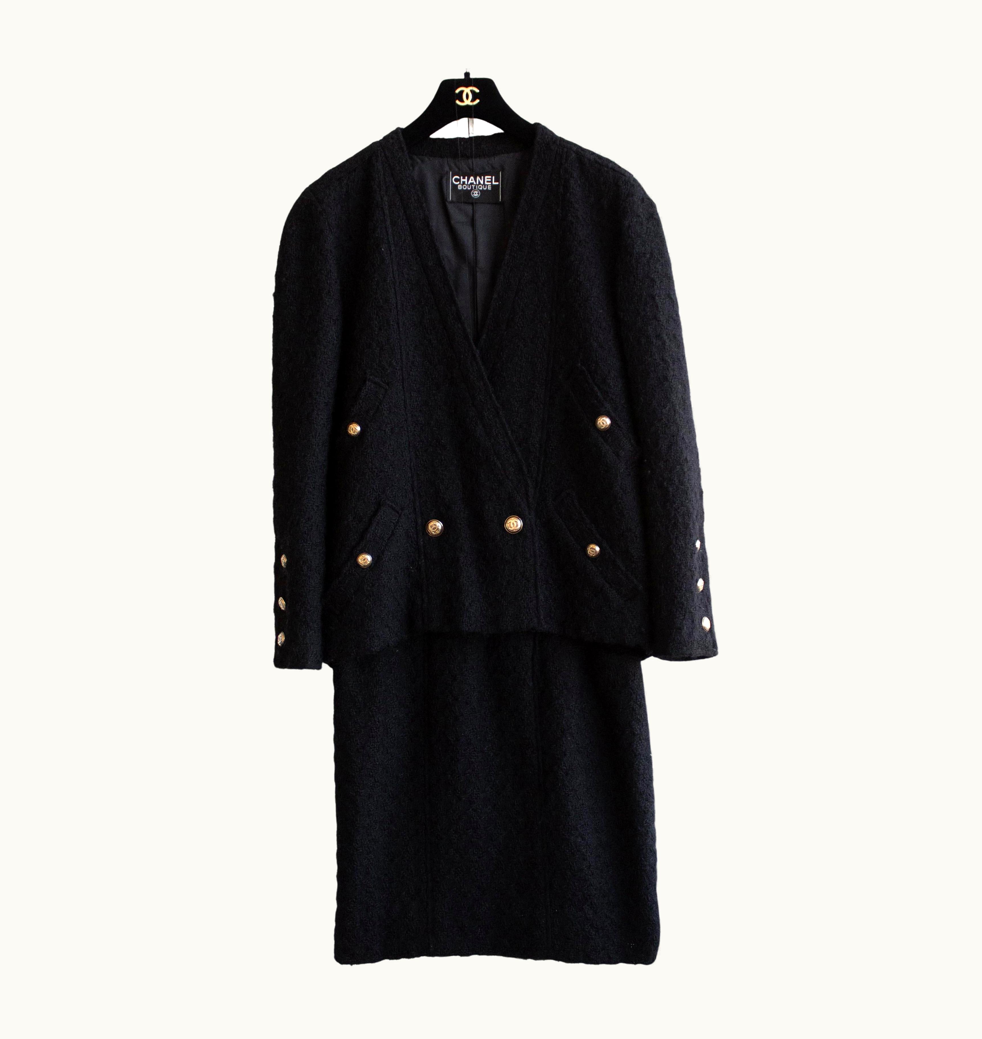 Chanel Chanel Vintage Fall Winter 1985 Black Gold 1980s Lbj Tweed Jacket Skirt Suit