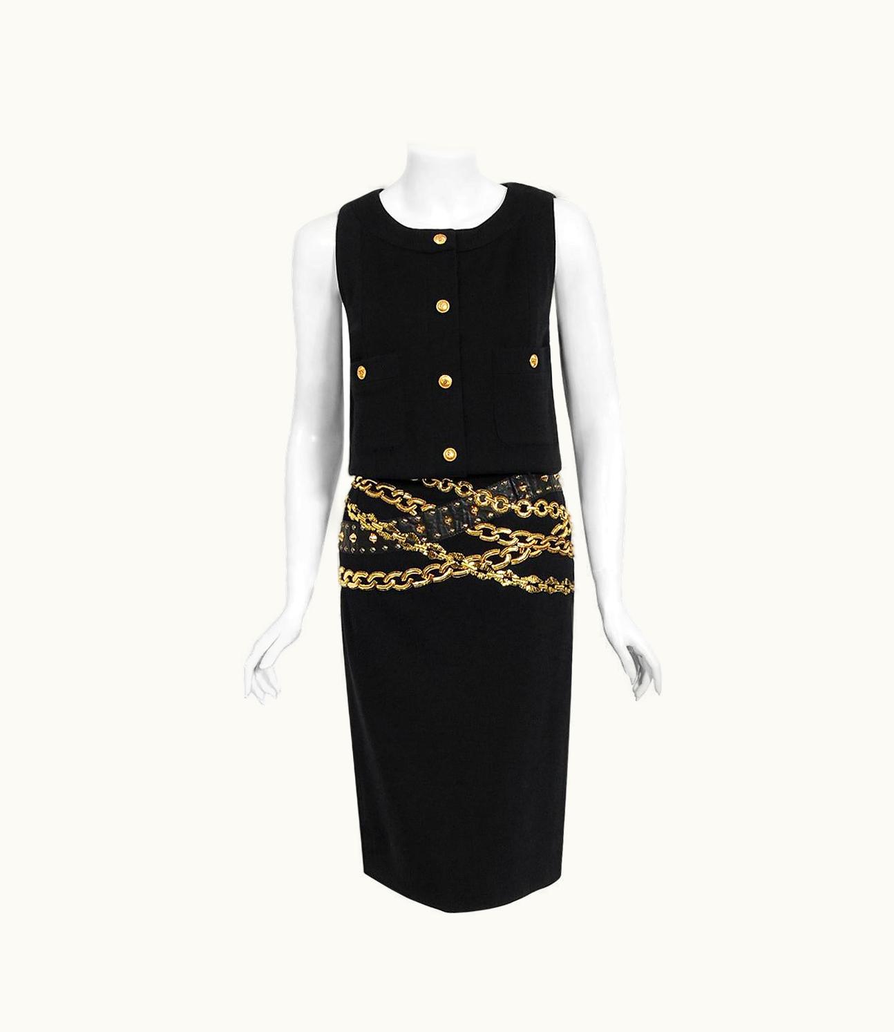 Chanel Vintage 1985 Chanel Documented Black Wool Metallic Gold Trompe 'oeil Belt Dress