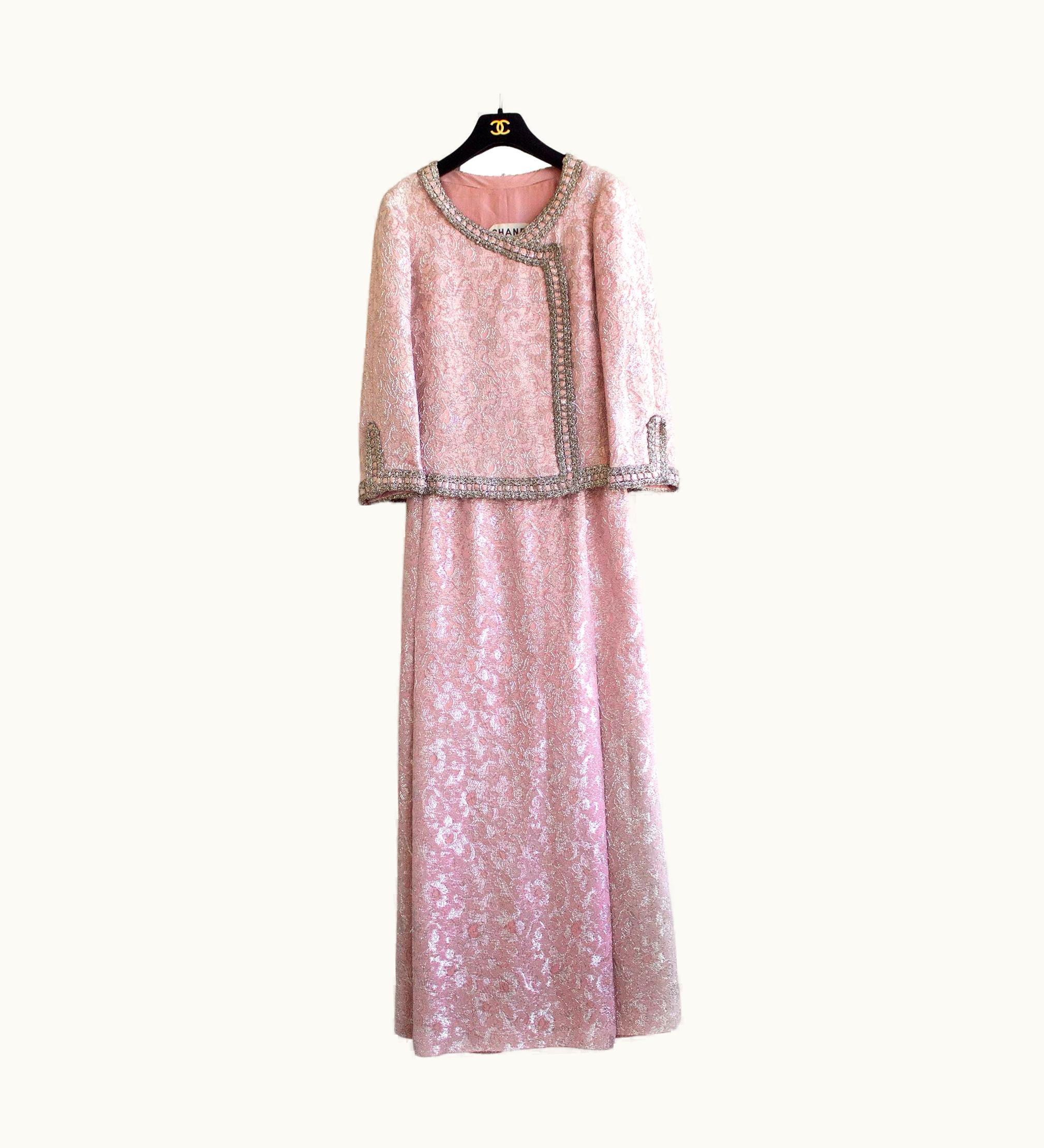 Chanel Chanel Vintage Haute Couture 1960s Pink Silver Braided Brocade Jacket Skirt Suit