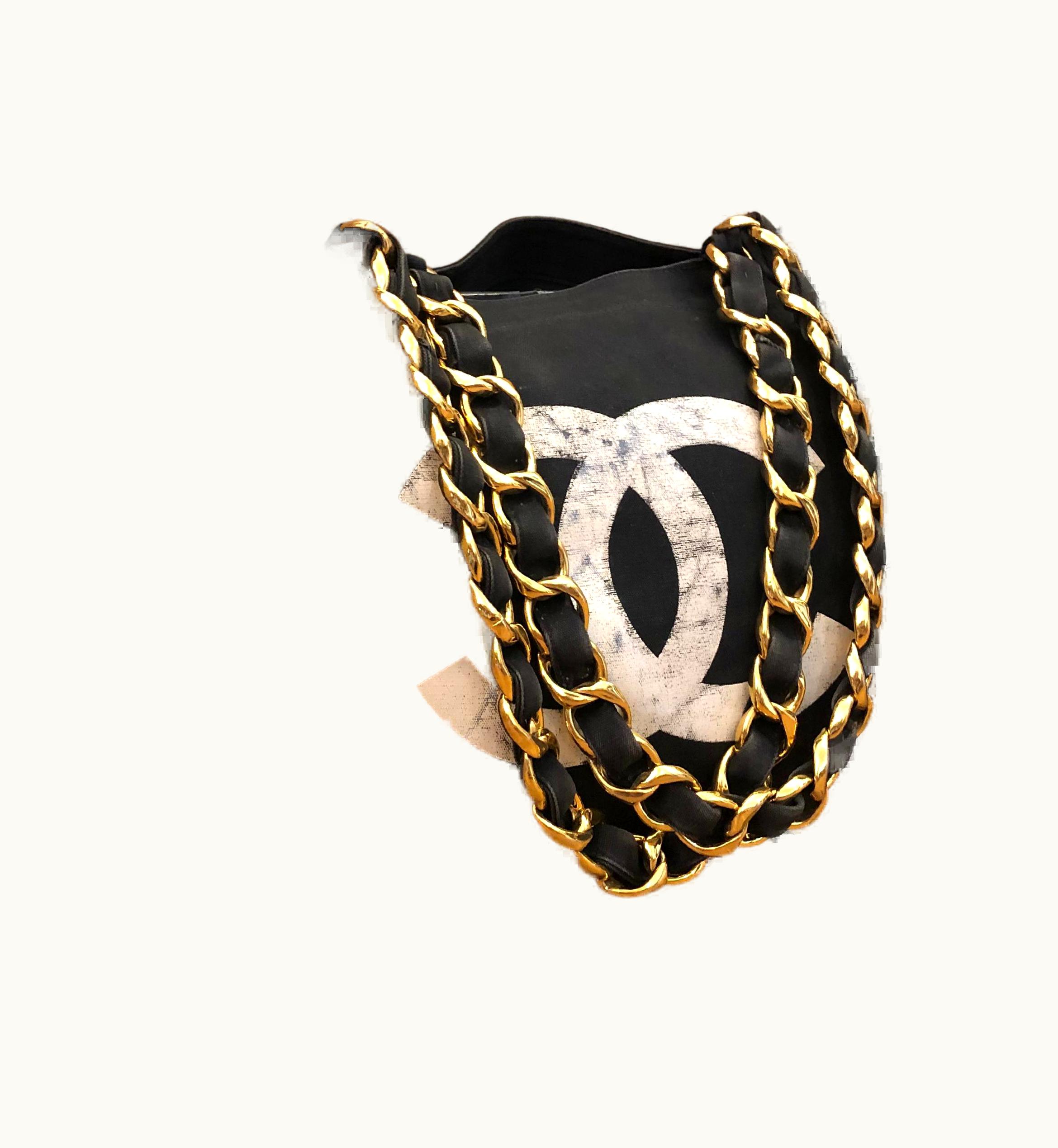Chanel 1990s Vintage Chanel Jumbo Canvas Chain Tote Black