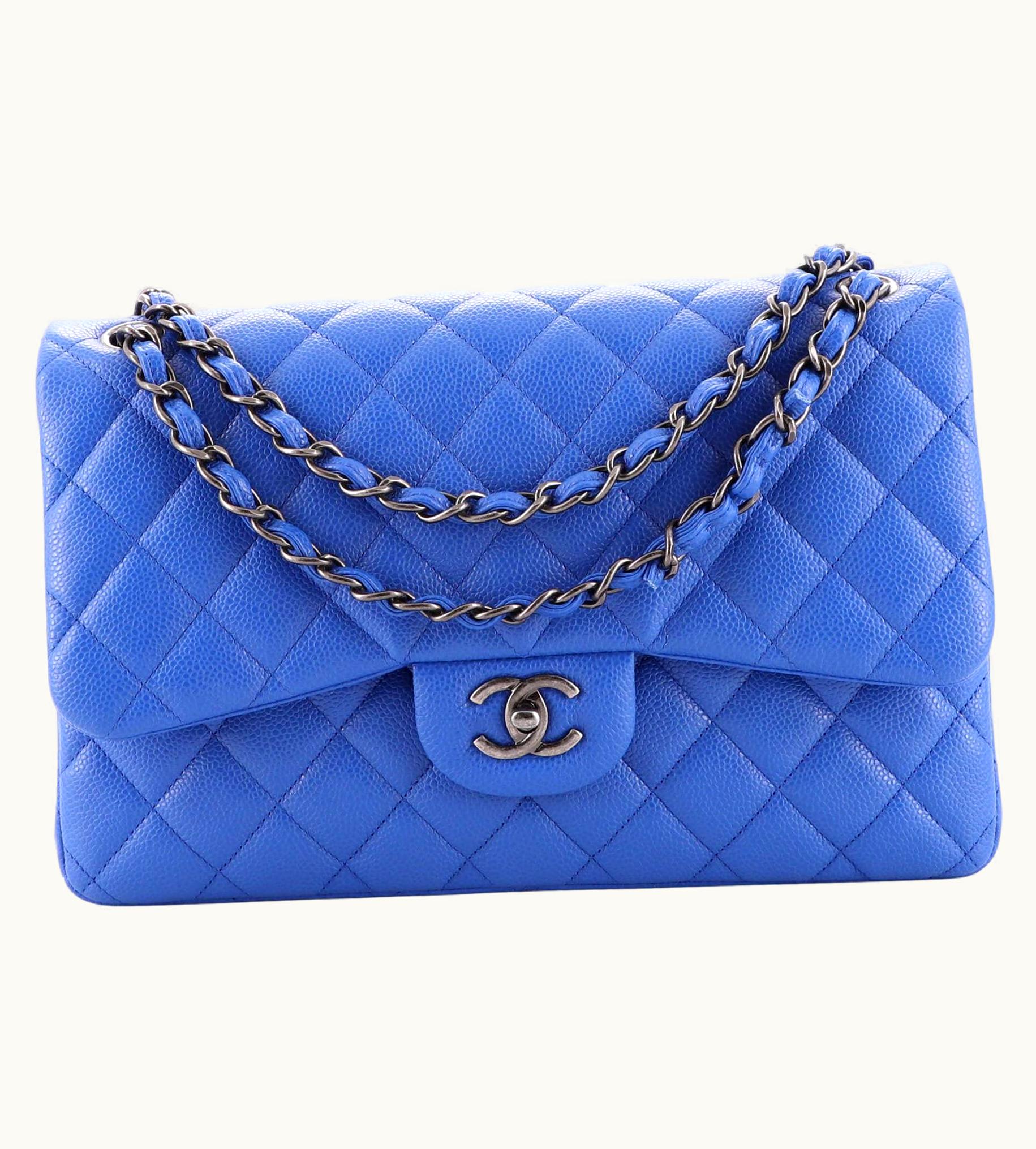 Chanel Chanel Classic Double Flap Bag Quilted Caviar Jumbo Blue Aged Silver