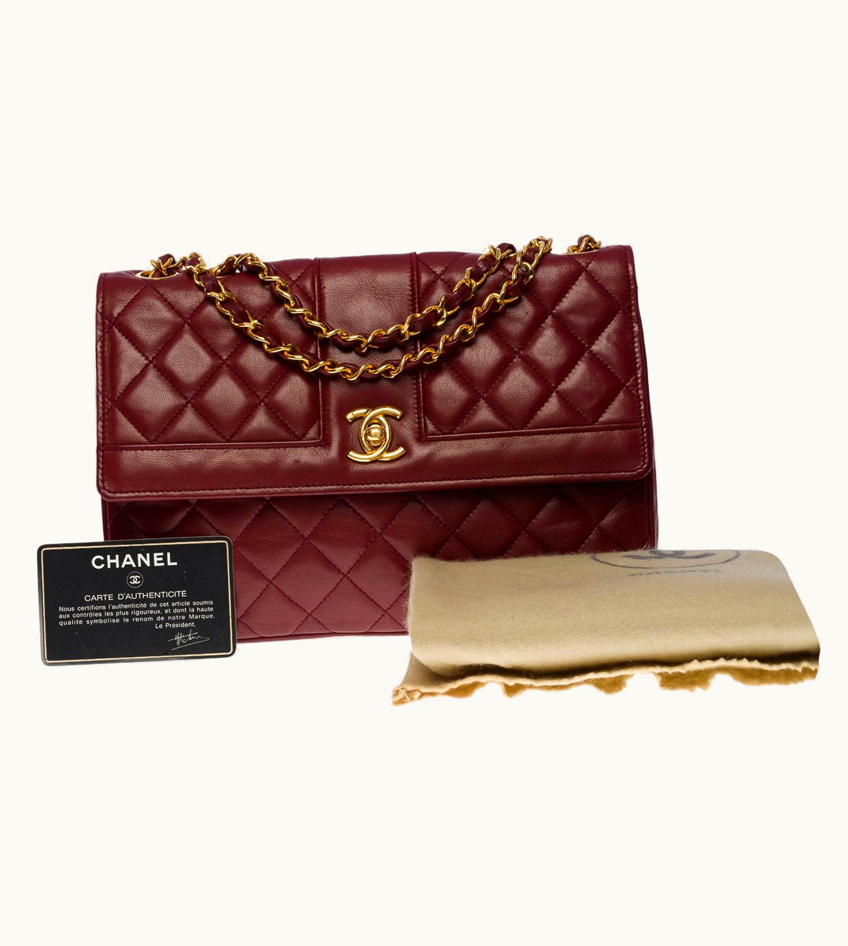 Chanel Rare Chanel Classic Shoulder Flap Bag In Burgundy Quilted Lambskin Leather, Ghw