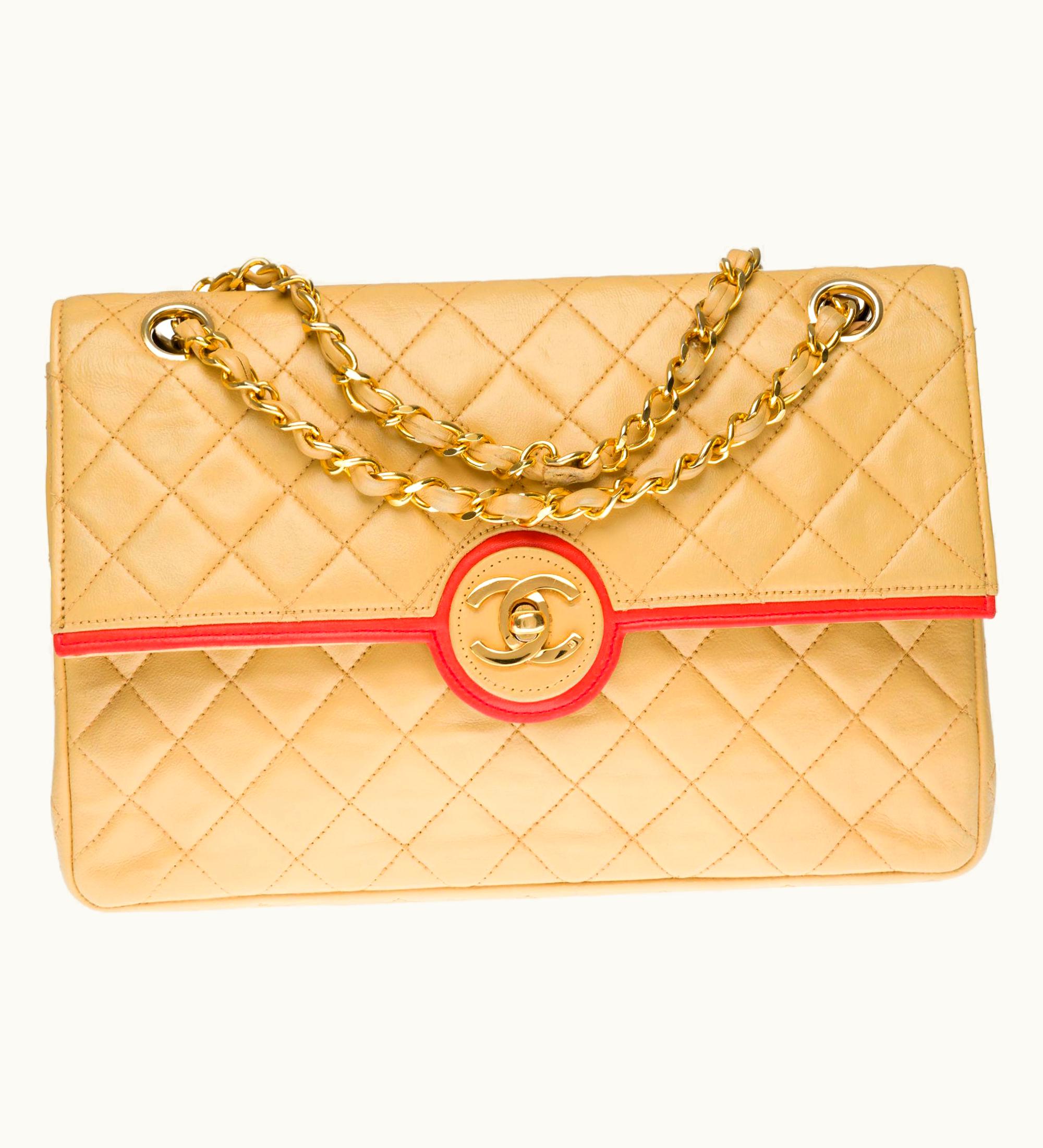 Chanel Chanel Classic Shoulder Bag In Beige And Coral Quilted Lambskin With Ghw