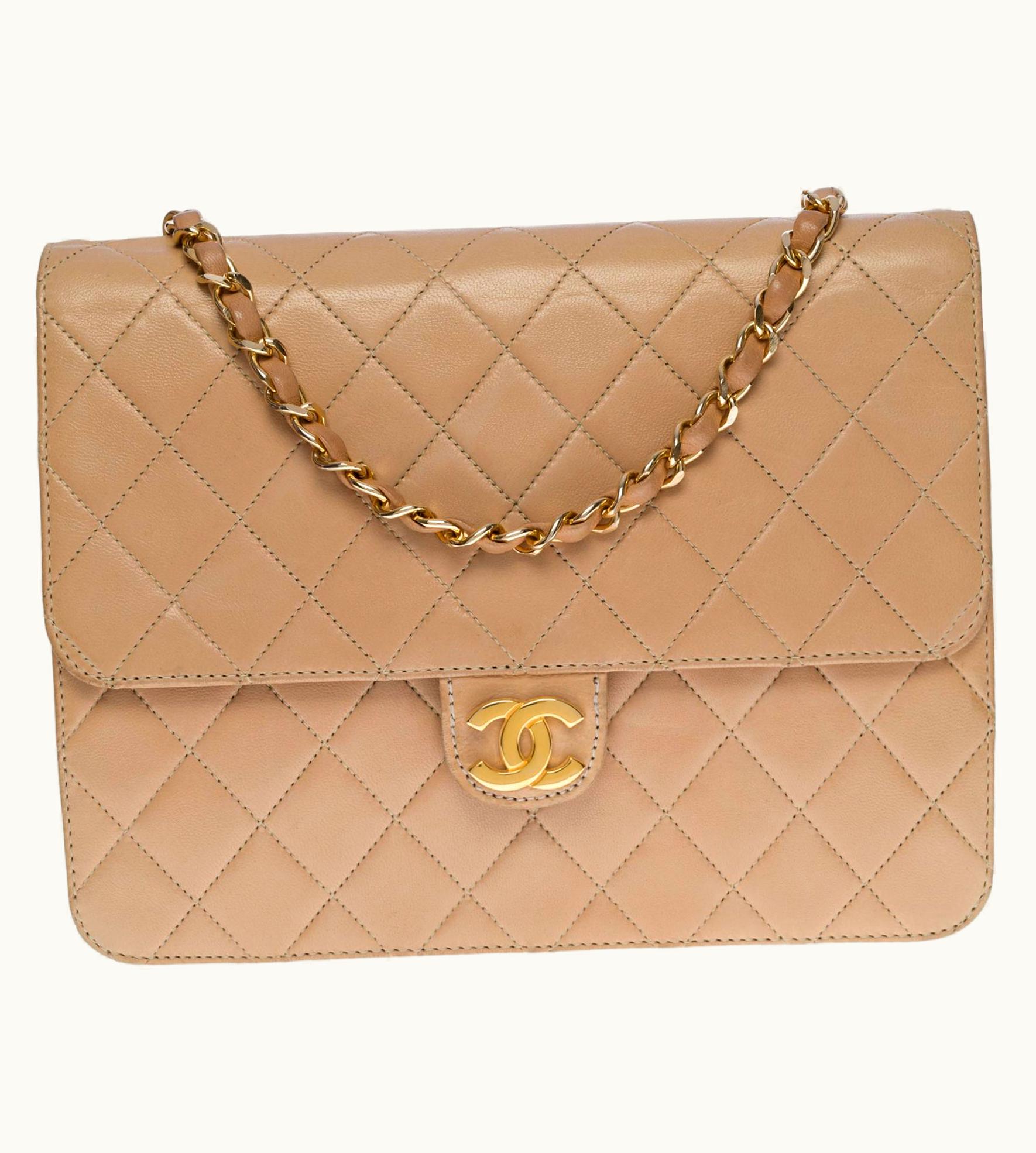 Chanel Chanel Classic Shoulder Flap Bag In Beige Quilted Lambskin And Gold Hardware
