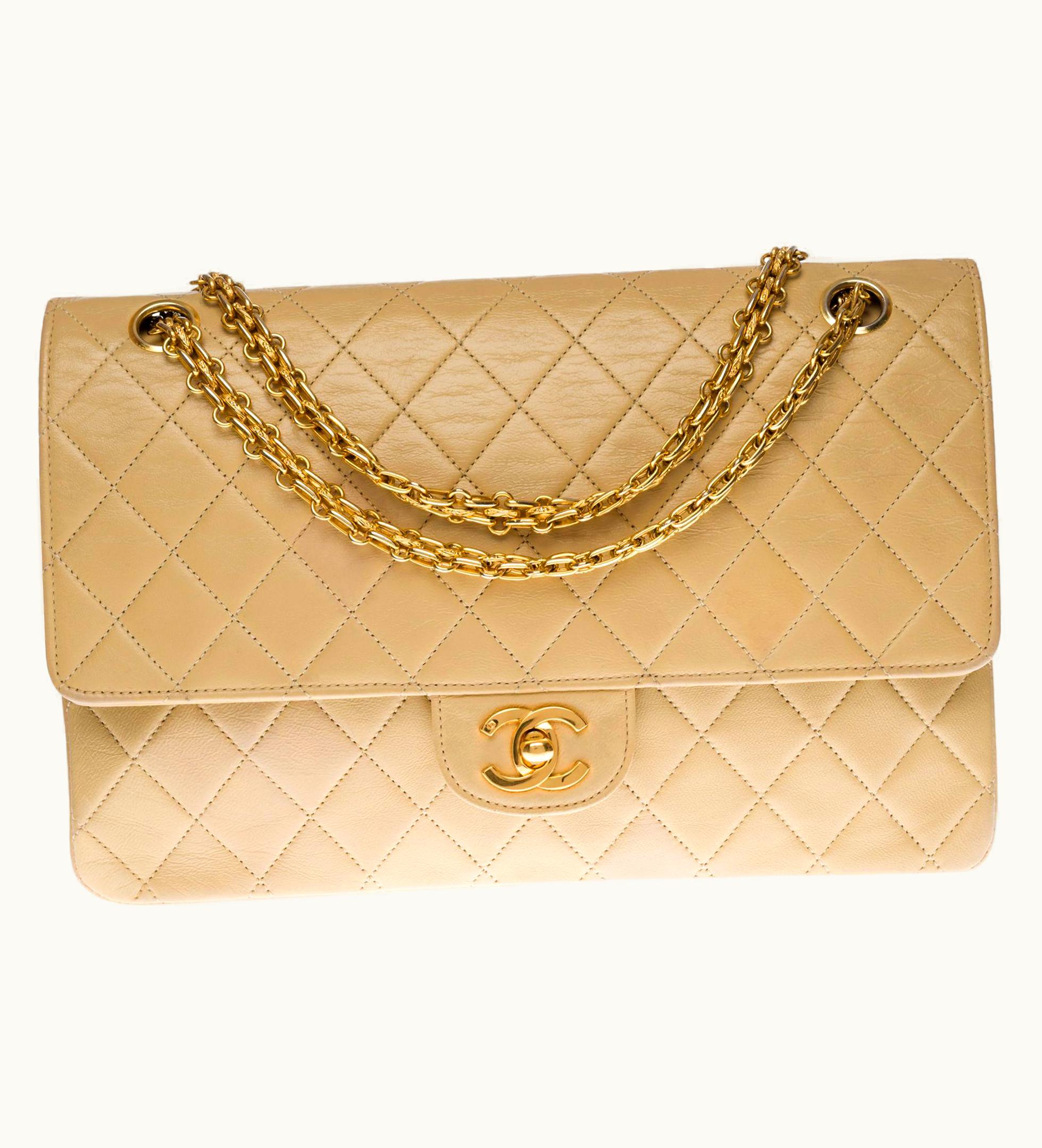 Chanel Chanel Timeless/Classic Double Flap Shoulder Bag In Beige Quilted Lambskin, Ghw
