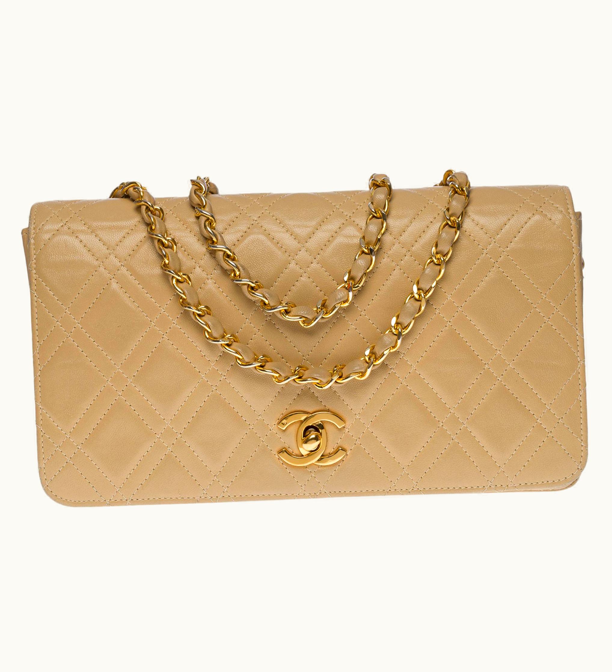 Chanel Chanel Classic Full Flap Shoulder Bag In Beige Quilted Lambskin Leather, Ghw
