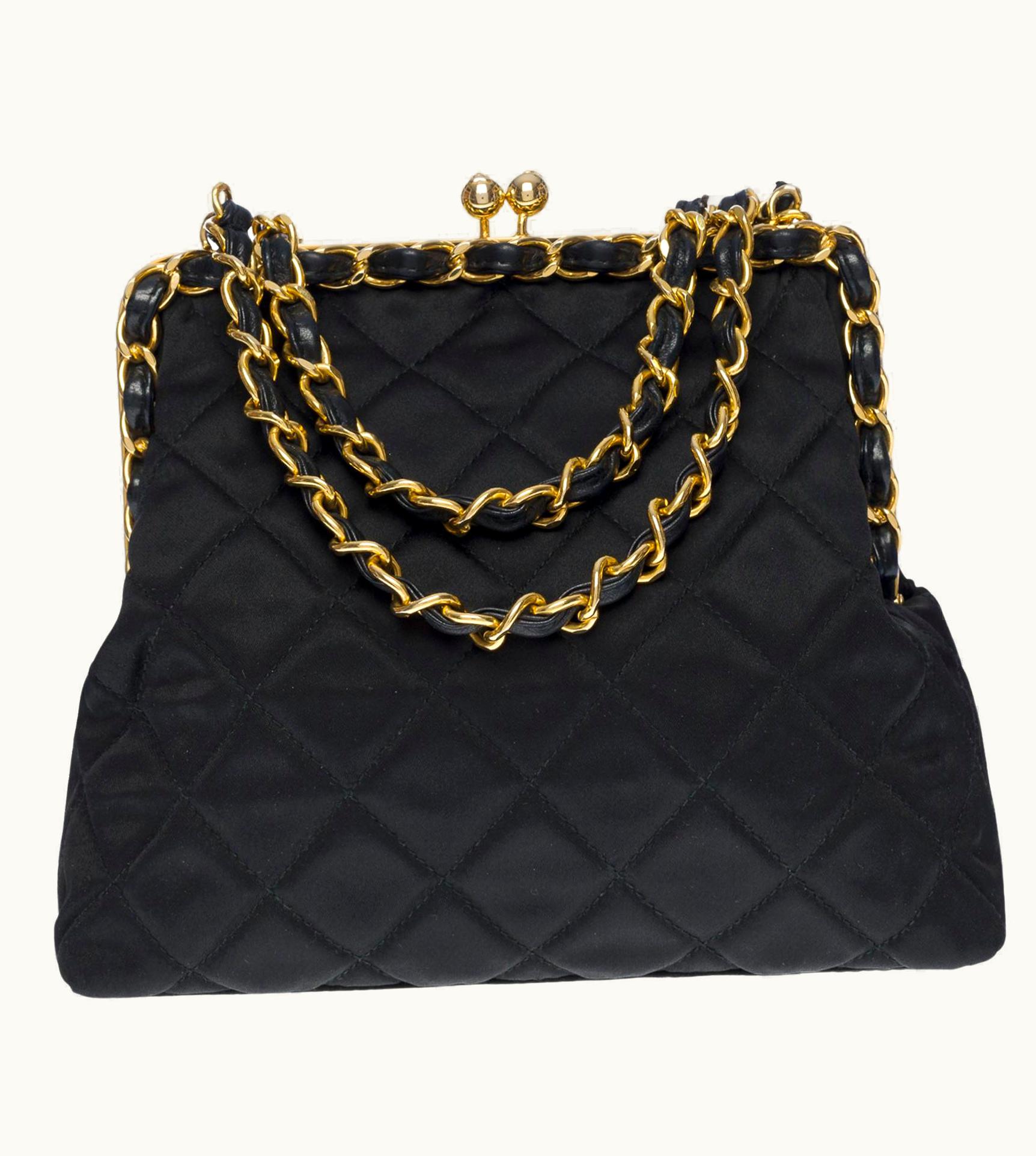 Chanel Collector & Rare Chanel Sac Du Soir Shoulder Bag In Black Quilted Satin, Ghw UZ0591275