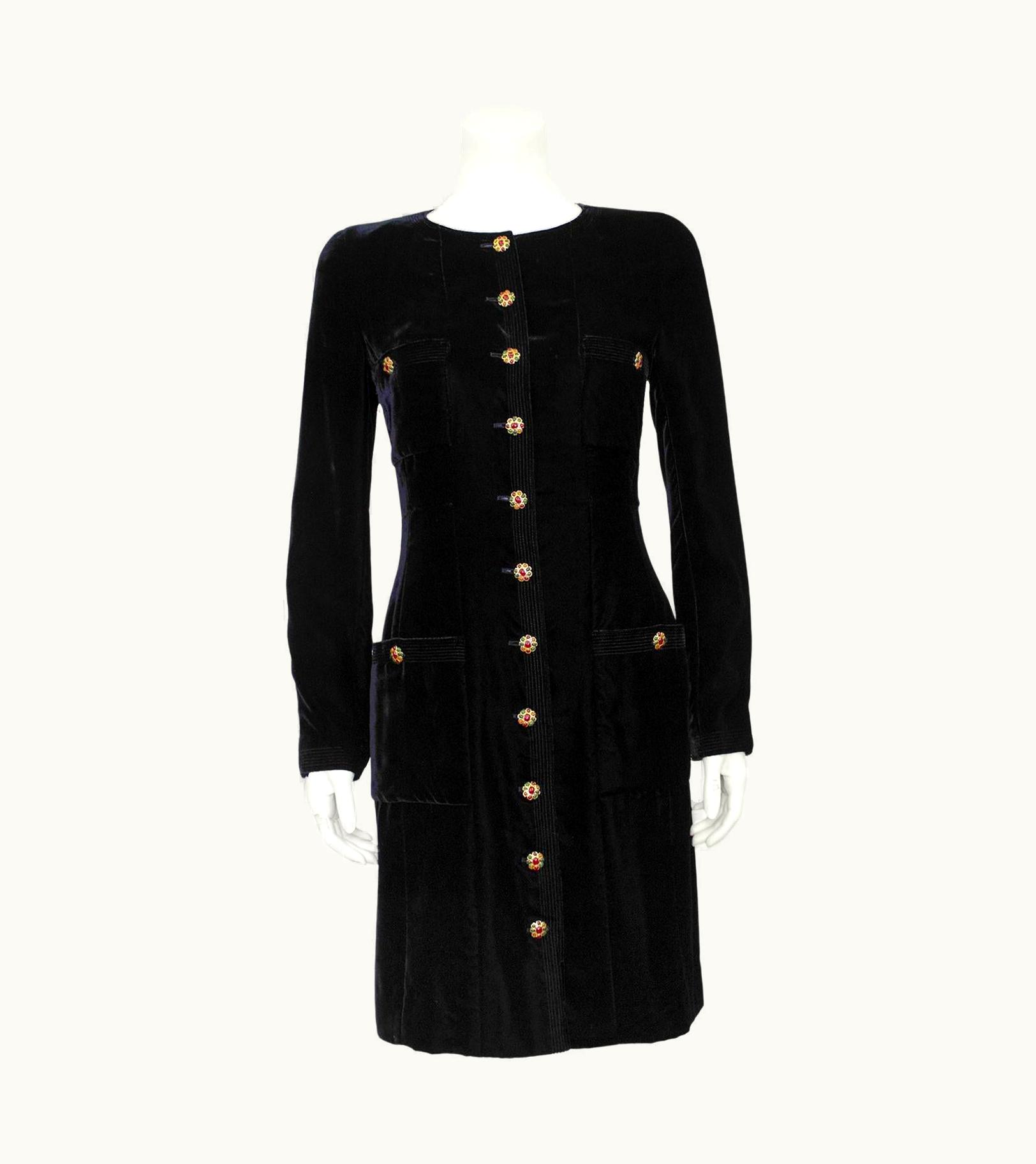 Chanel Chanel Fall 1986 Black Velvet Dress With Gripoix Buttons