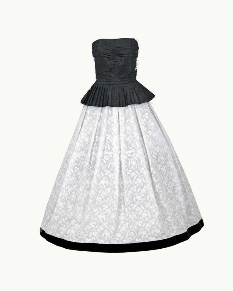 Chanel 1986 Chanel Pleated Black-Silk & Embroidered White-Cotton Gown