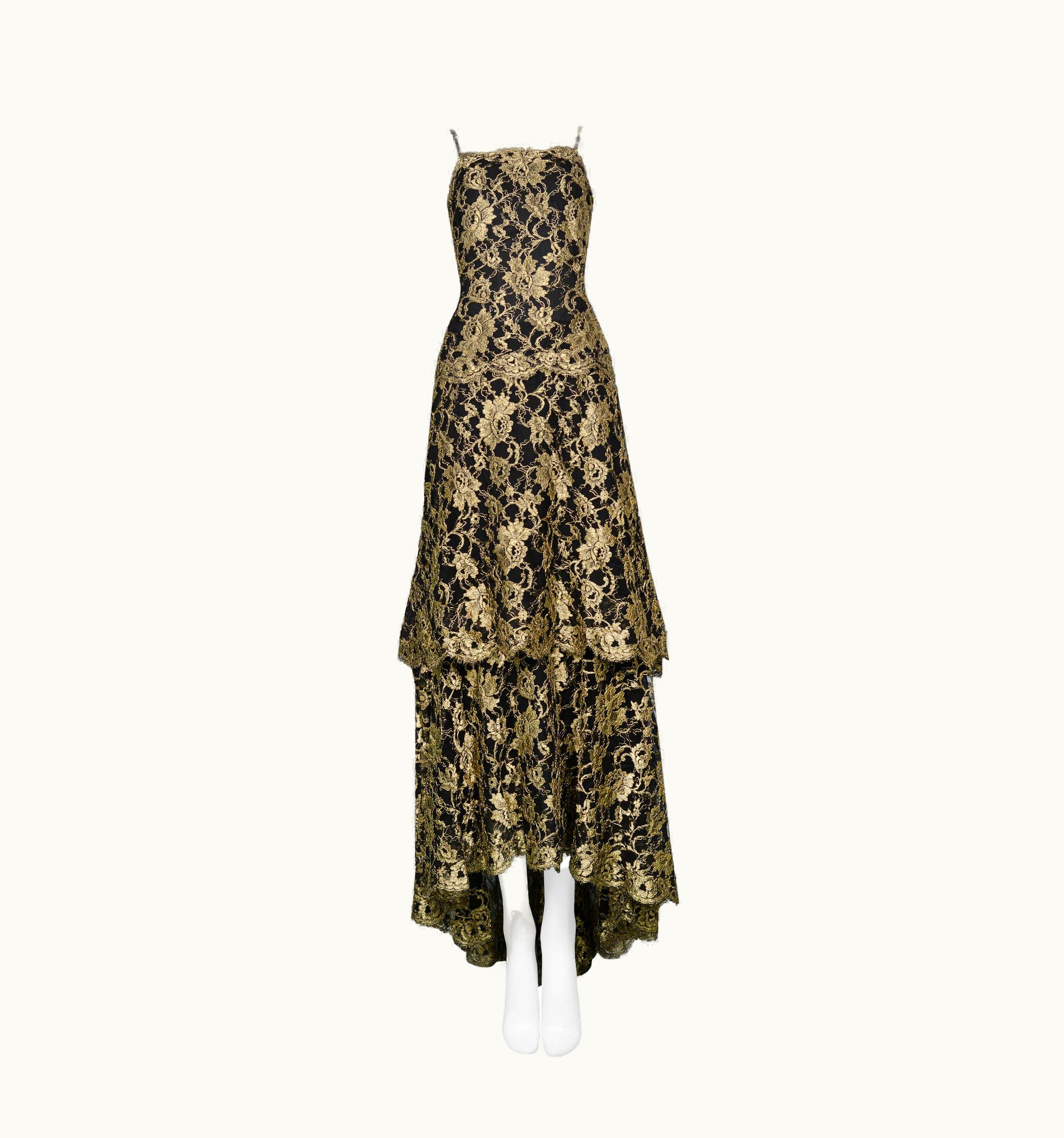 Chanel Chanel By Karl Lagerfeld Gold & Black Lace Evening Gown 1986