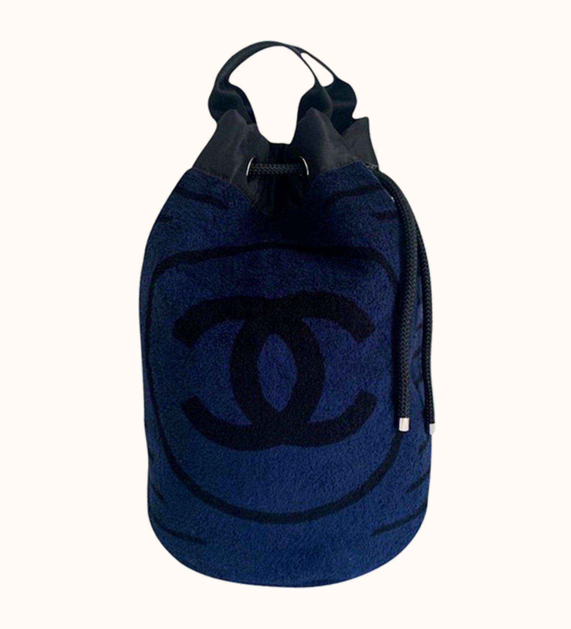 Chanel Chanel Dark Navy Blue Striped Cc Logo Drawstring Large Beach Tote Bag