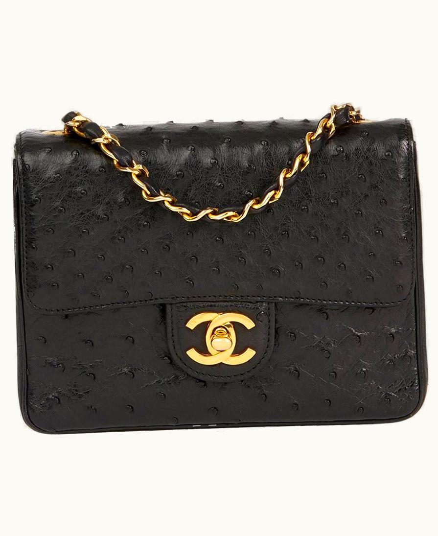 Chanel 1987 Chanel Black Ostrich Leather Vintage Mini Flap Bag