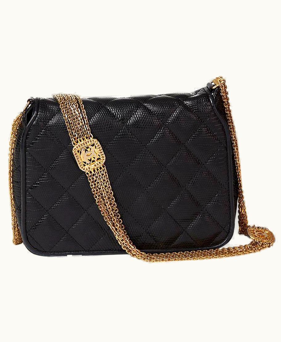 Chanel 1987 Chanel Black Quilted Lizard Leather Vintage Timeless Shoulder Bag